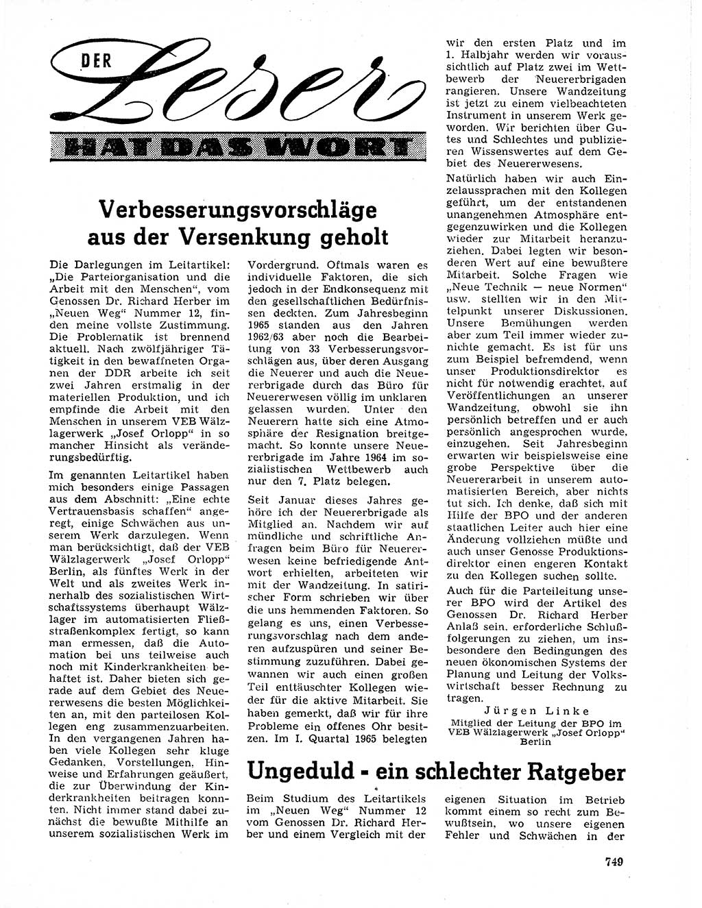 Neuer Weg (NW), Organ des Zentralkomitees (ZK) der SED (Sozialistische Einheitspartei Deutschlands) für Fragen des Parteilebens, 20. Jahrgang [Deutsche Demokratische Republik (DDR)] 1965, Seite 733 (NW ZK SED DDR 1965, S. 733)