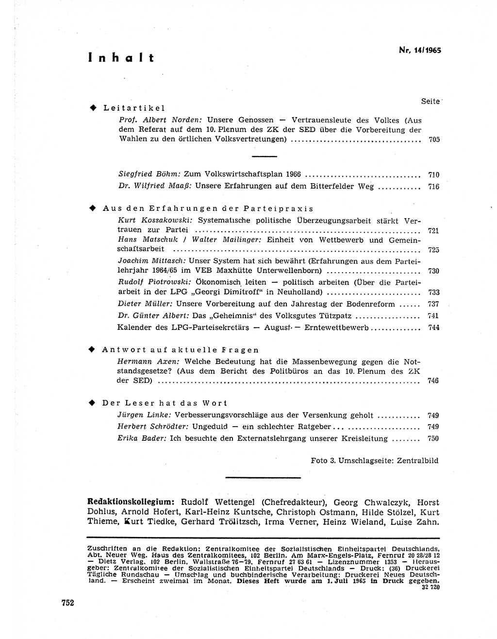 Neuer Weg (NW), Organ des Zentralkomitees (ZK) der SED (Sozialistische Einheitspartei Deutschlands) für Fragen des Parteilebens, 20. Jahrgang [Deutsche Demokratische Republik (DDR)] 1965, Seite 736 (NW ZK SED DDR 1965, S. 736)