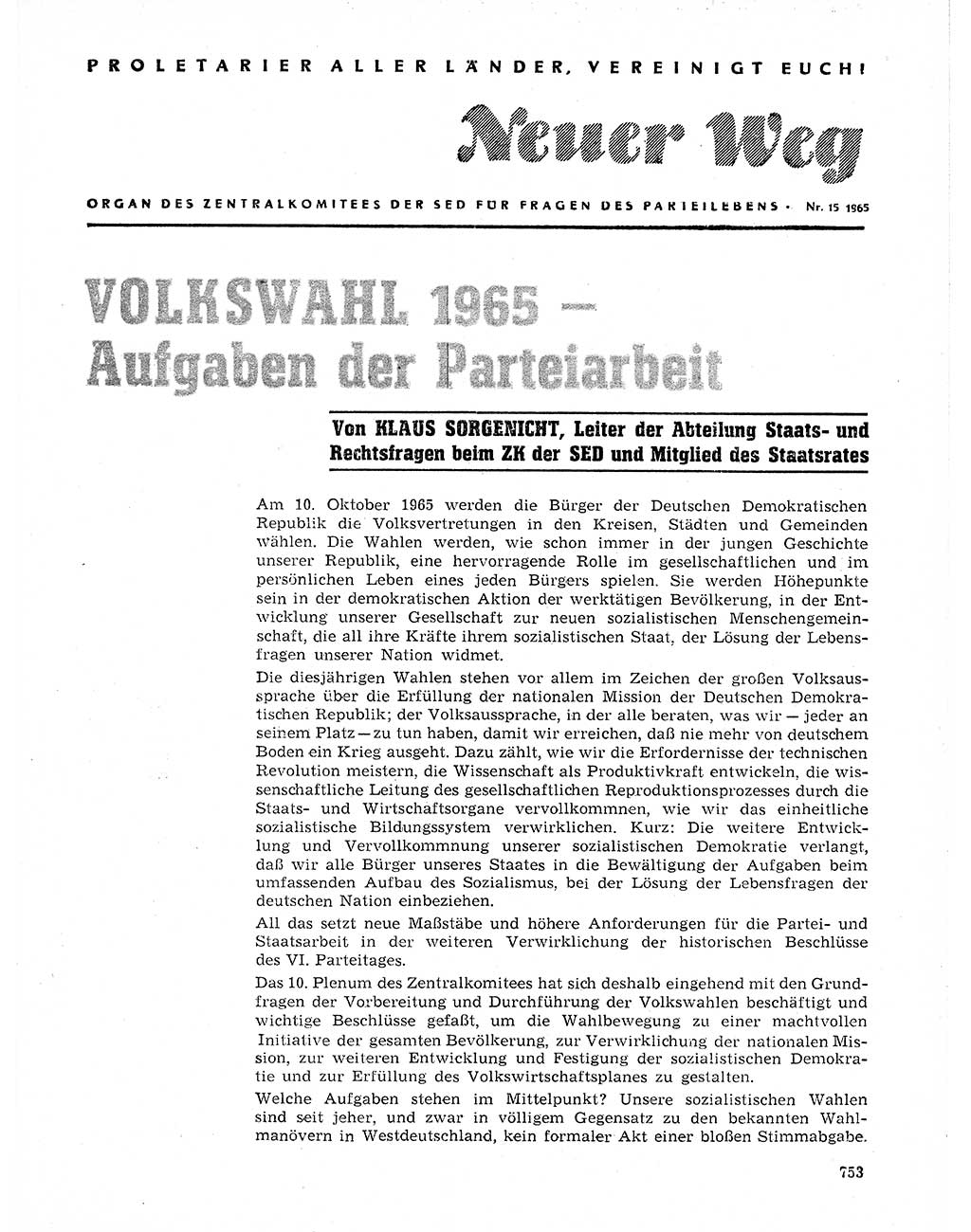 Neuer Weg (NW), Organ des Zentralkomitees (ZK) der SED (Sozialistische Einheitspartei Deutschlands) für Fragen des Parteilebens, 20. Jahrgang [Deutsche Demokratische Republik (DDR)] 1965, Seite 737 (NW ZK SED DDR 1965, S. 737)