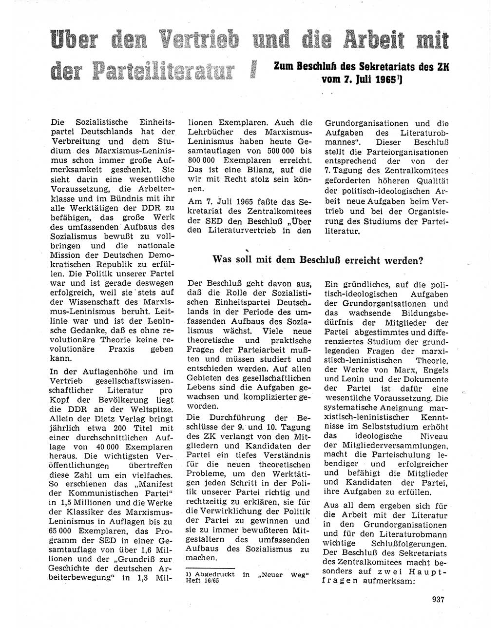 Neuer Weg (NW), Organ des Zentralkomitees (ZK) der SED (Sozialistische Einheitspartei Deutschlands) für Fragen des Parteilebens, 20. Jahrgang [Deutsche Demokratische Republik (DDR)] 1965, Seite 921 (NW ZK SED DDR 1965, S. 921)