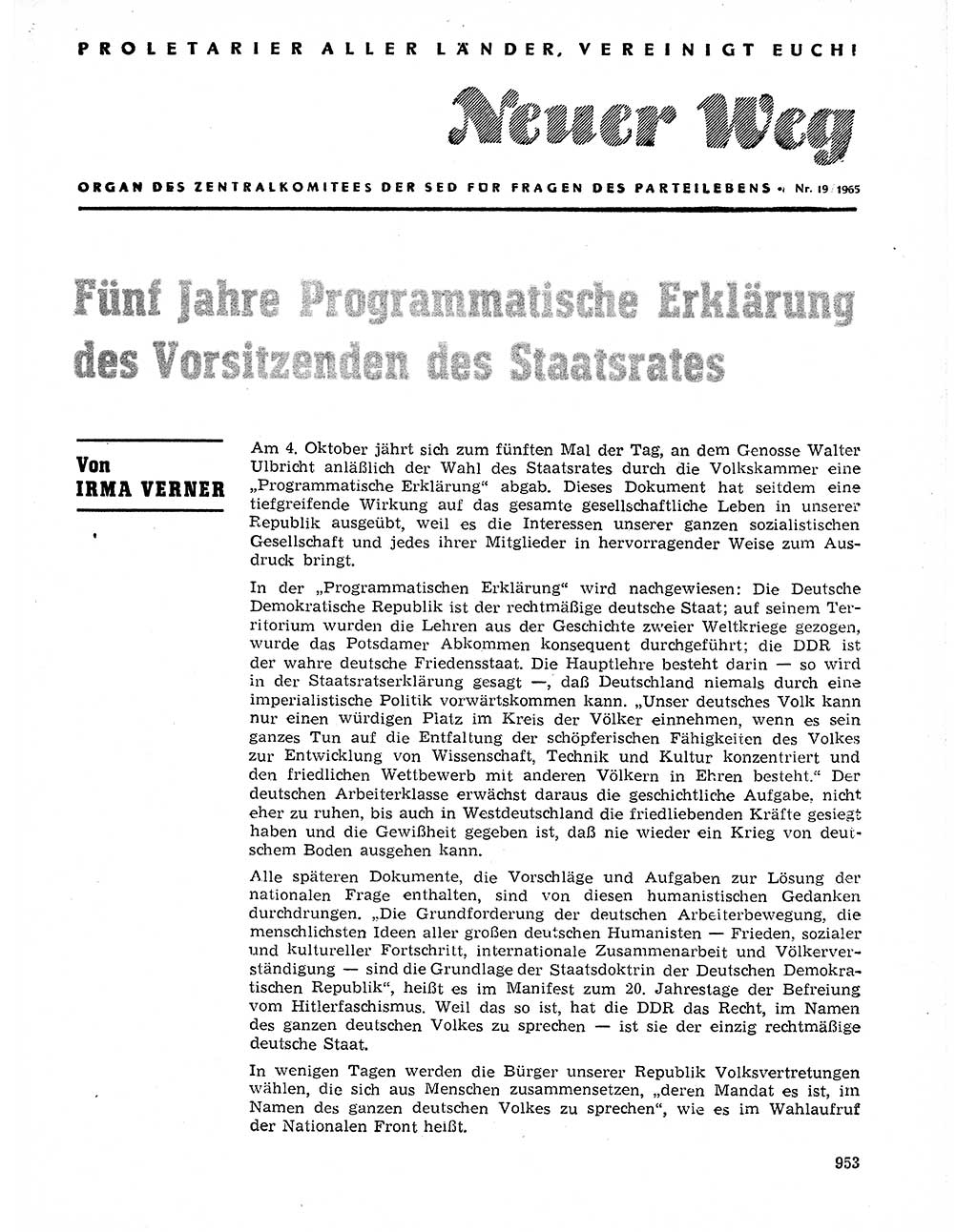 Neuer Weg (NW), Organ des Zentralkomitees (ZK) der SED (Sozialistische Einheitspartei Deutschlands) für Fragen des Parteilebens, 20. Jahrgang [Deutsche Demokratische Republik (DDR)] 1965, Seite 937 (NW ZK SED DDR 1965, S. 937)