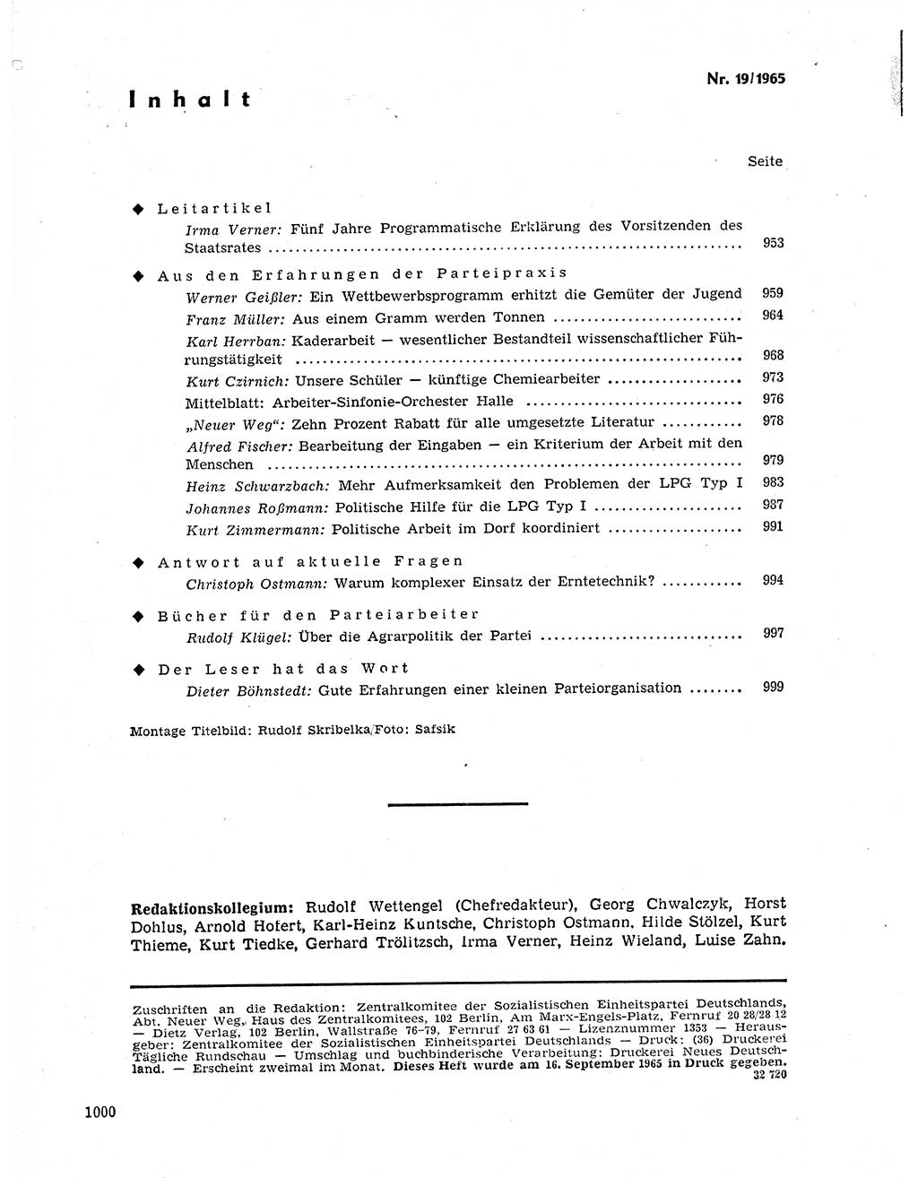 Neuer Weg (NW), Organ des Zentralkomitees (ZK) der SED (Sozialistische Einheitspartei Deutschlands) fÃ¼r Fragen des Parteilebens, 20. Jahrgang [Deutsche Demokratische Republik (DDR)] 1965, Seite 984 (NW ZK SED DDR 1965, S. 984)
