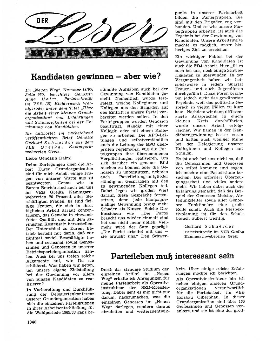 Neuer Weg (NW), Organ des Zentralkomitees (ZK) der SED (Sozialistische Einheitspartei Deutschlands) für Fragen des Parteilebens, 20. Jahrgang [Deutsche Demokratische Republik (DDR)] 1965, Seite 1030 (NW ZK SED DDR 1965, S. 1030)