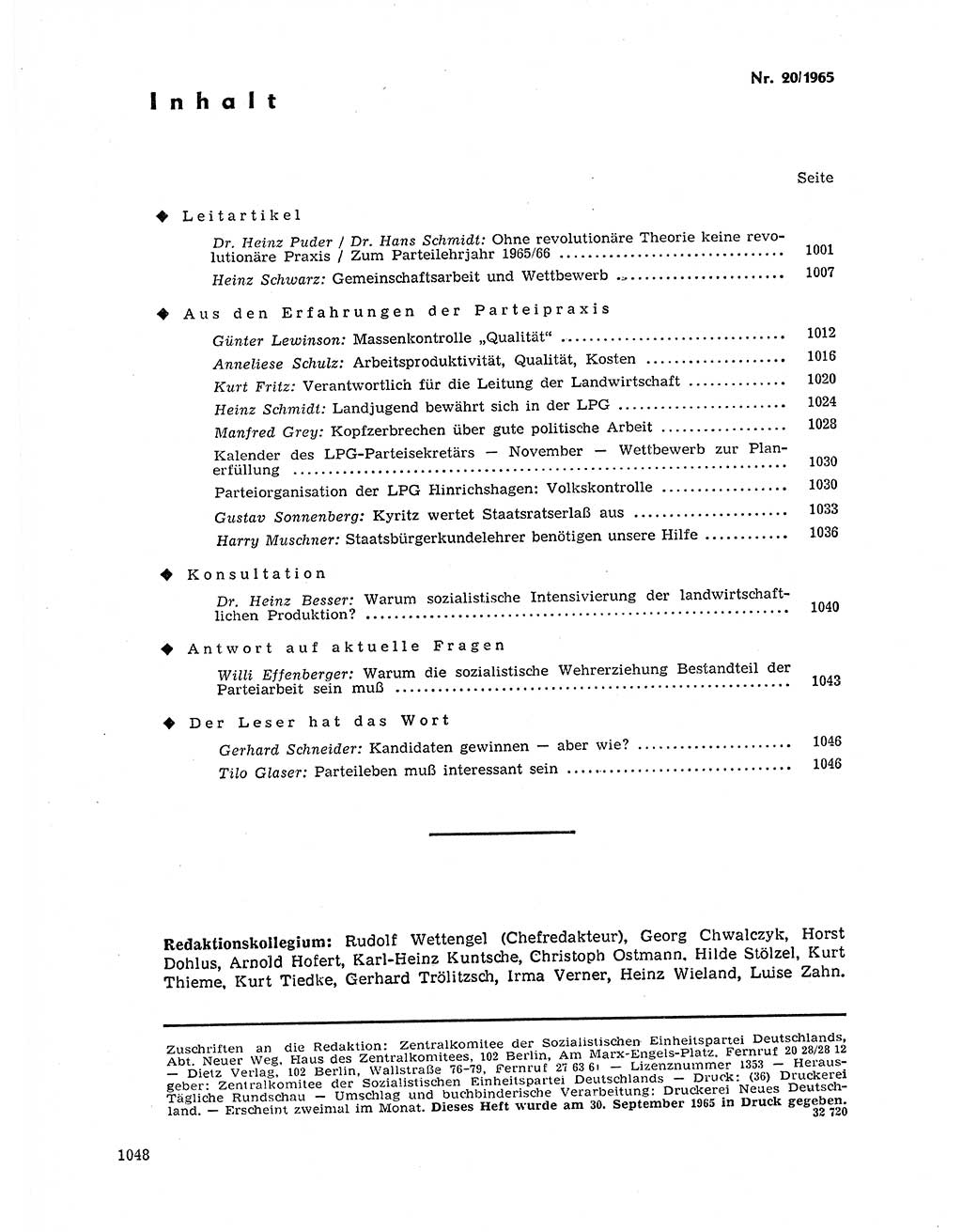 Neuer Weg (NW), Organ des Zentralkomitees (ZK) der SED (Sozialistische Einheitspartei Deutschlands) für Fragen des Parteilebens, 20. Jahrgang [Deutsche Demokratische Republik (DDR)] 1965, Seite 1032 (NW ZK SED DDR 1965, S. 1032)