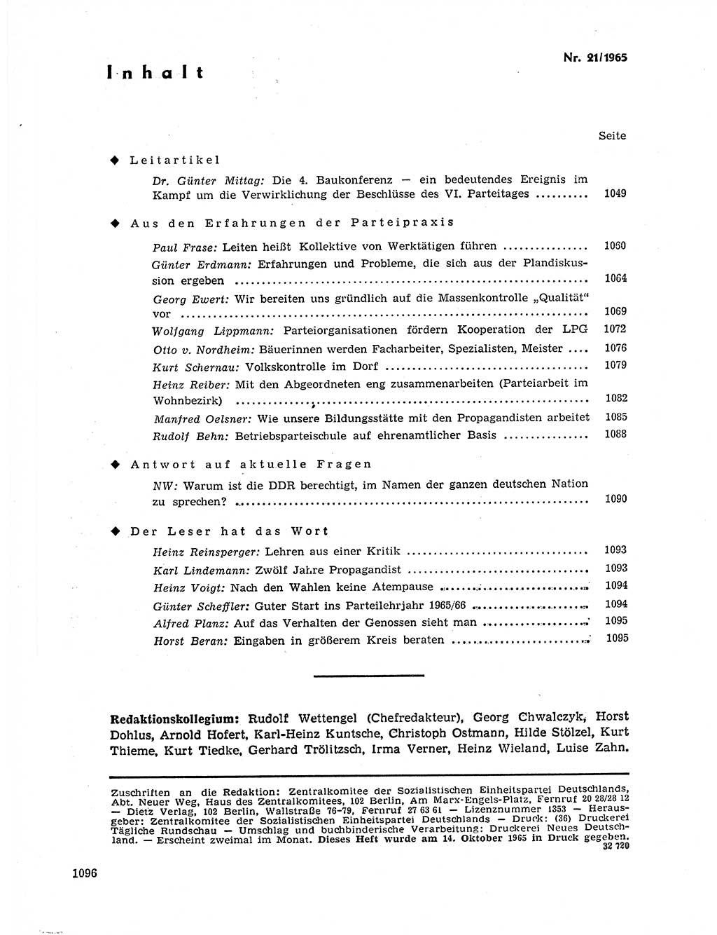 Neuer Weg (NW), Organ des Zentralkomitees (ZK) der SED (Sozialistische Einheitspartei Deutschlands) für Fragen des Parteilebens, 20. Jahrgang [Deutsche Demokratische Republik (DDR)] 1965, Seite 1080 (NW ZK SED DDR 1965, S. 1080)