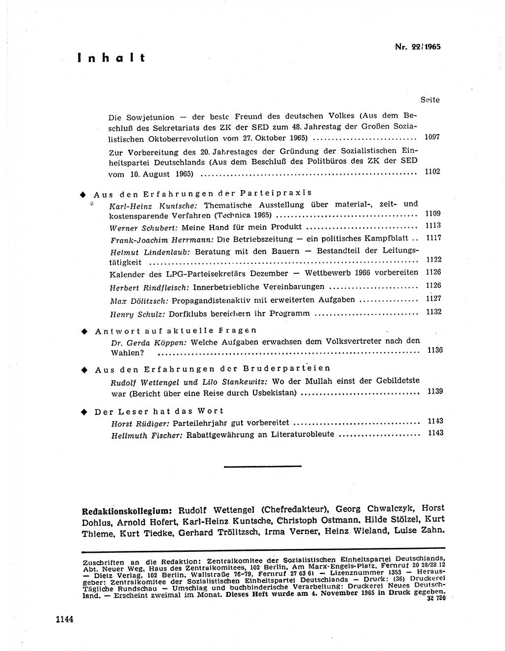 Neuer Weg (NW), Organ des Zentralkomitees (ZK) der SED (Sozialistische Einheitspartei Deutschlands) für Fragen des Parteilebens, 20. Jahrgang [Deutsche Demokratische Republik (DDR)] 1965, Seite 1128 (NW ZK SED DDR 1965, S. 1128)