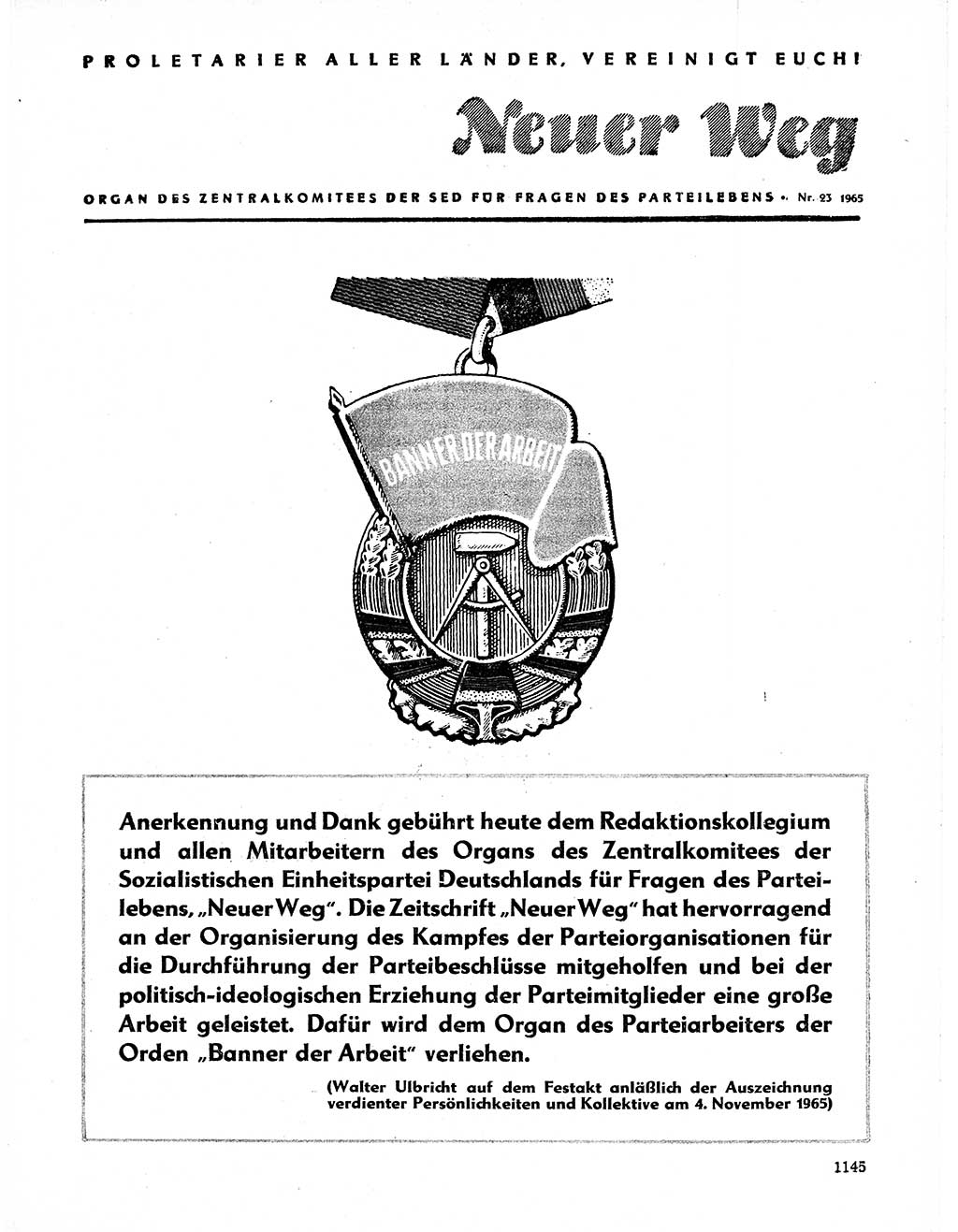 Neuer Weg (NW), Organ des Zentralkomitees (ZK) der SED (Sozialistische Einheitspartei Deutschlands) für Fragen des Parteilebens, 20. Jahrgang [Deutsche Demokratische Republik (DDR)] 1965, Seite 1129 (NW ZK SED DDR 1965, S. 1129)