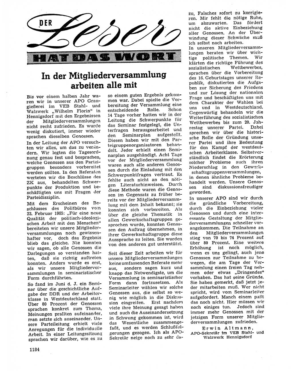 Neuer Weg (NW), Organ des Zentralkomitees (ZK) der SED (Sozialistische Einheitspartei Deutschlands) für Fragen des Parteilebens, 20. Jahrgang [Deutsche Demokratische Republik (DDR)] 1965, Seite 1168 (NW ZK SED DDR 1965, S. 1168)