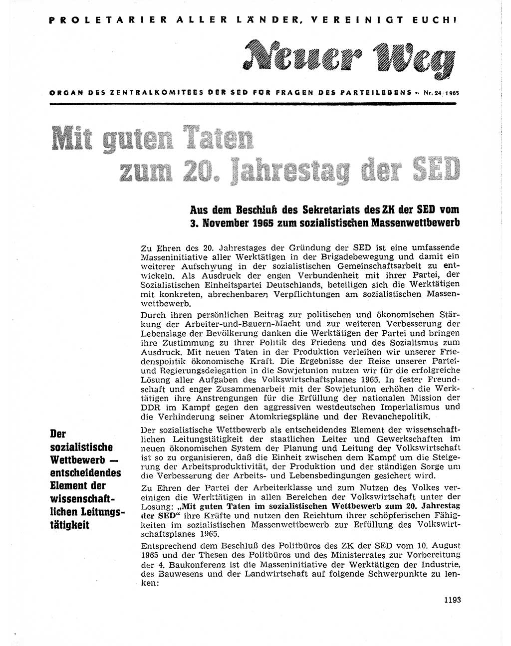 Neuer Weg (NW), Organ des Zentralkomitees (ZK) der SED (Sozialistische Einheitspartei Deutschlands) für Fragen des Parteilebens, 20. Jahrgang [Deutsche Demokratische Republik (DDR)] 1965, Seite 1177 (NW ZK SED DDR 1965, S. 1177)