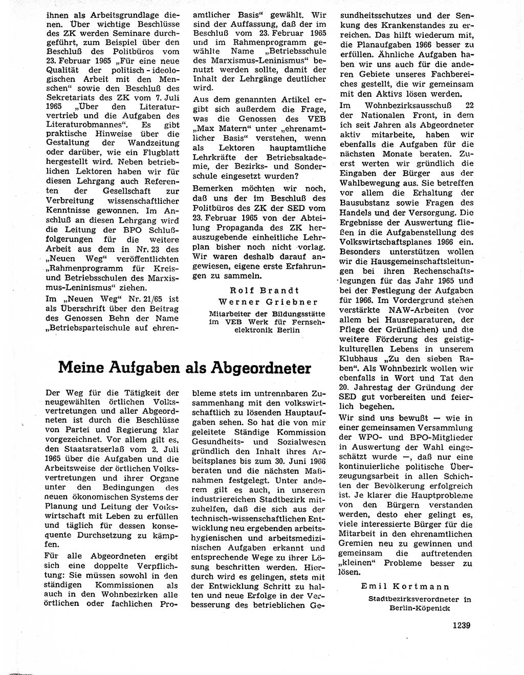 Neuer Weg (NW), Organ des Zentralkomitees (ZK) der SED (Sozialistische Einheitspartei Deutschlands) für Fragen des Parteilebens, 20. Jahrgang [Deutsche Demokratische Republik (DDR)] 1965, Seite 1223 (NW ZK SED DDR 1965, S. 1223)