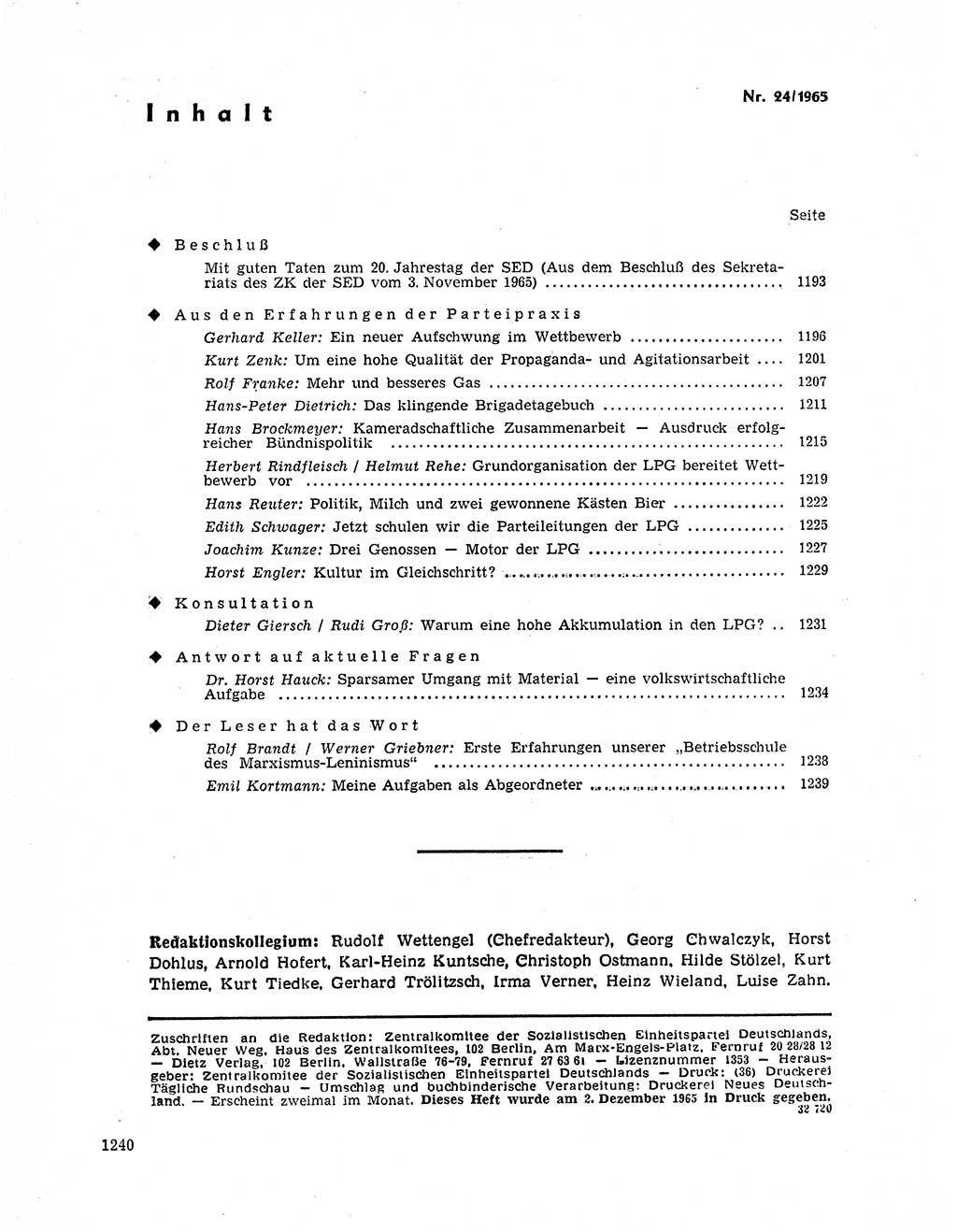 Neuer Weg (NW), Organ des Zentralkomitees (ZK) der SED (Sozialistische Einheitspartei Deutschlands) für Fragen des Parteilebens, 20. Jahrgang [Deutsche Demokratische Republik (DDR)] 1965, Seite 1224 (NW ZK SED DDR 1965, S. 1224)