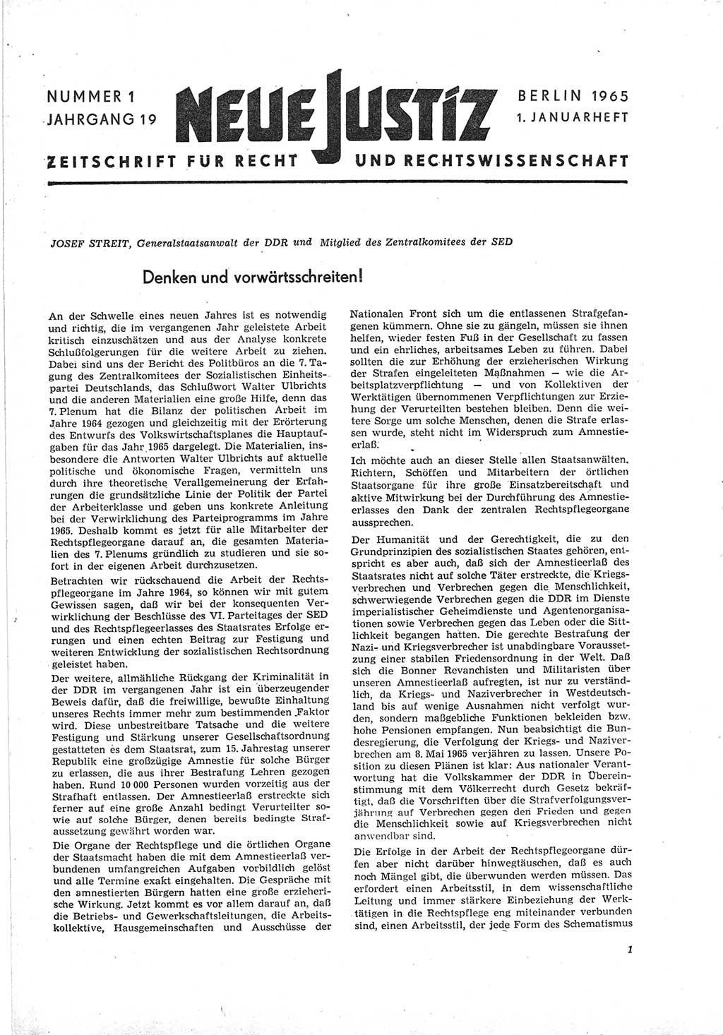 Neue Justiz (NJ), Zeitschrift für Recht und Rechtswissenschaft [Deutsche Demokratische Republik (DDR)], 19. Jahrgang 1965, Seite 1 (NJ DDR 1965, S. 1)