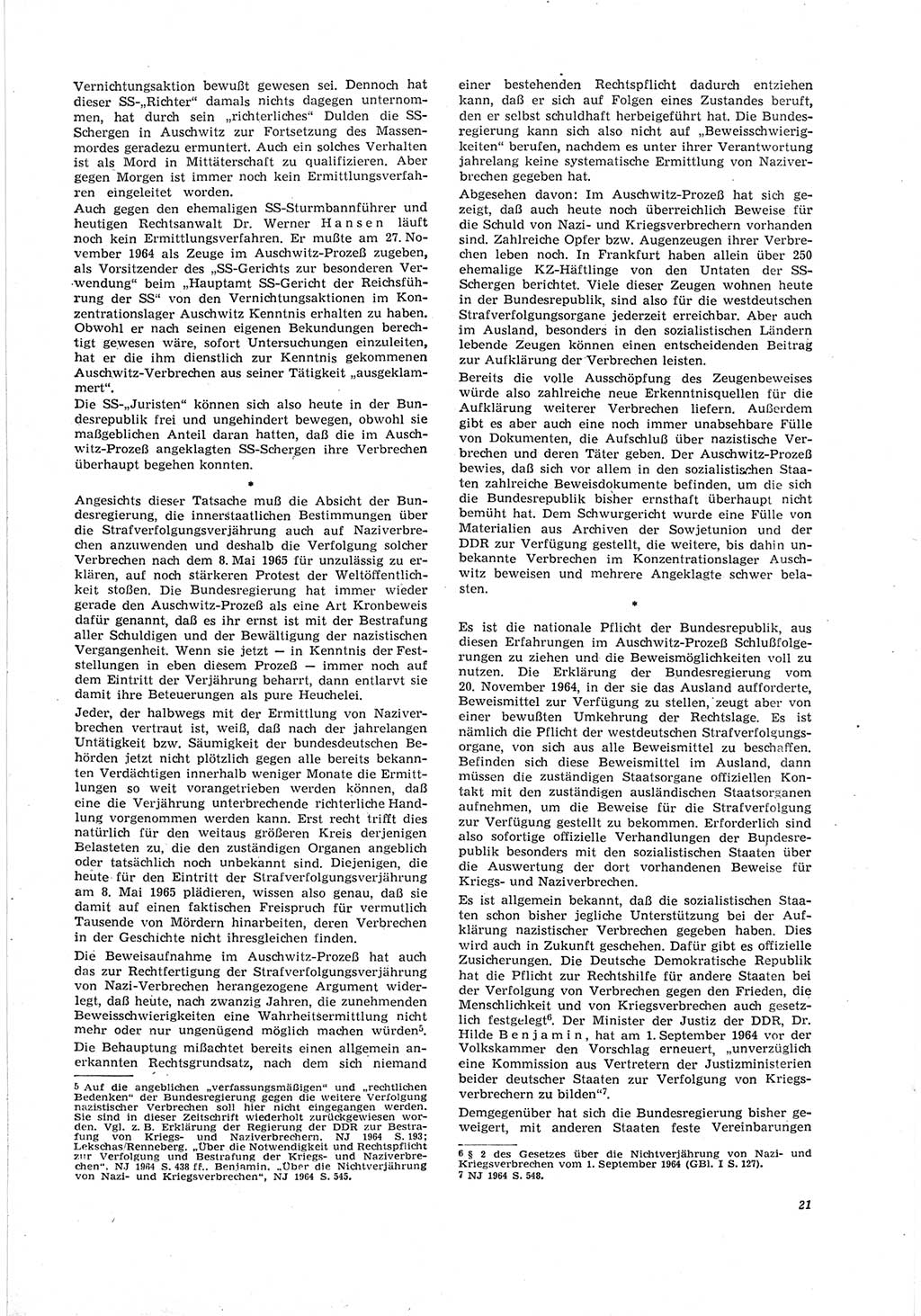 Neue Justiz (NJ), Zeitschrift für Recht und Rechtswissenschaft [Deutsche Demokratische Republik (DDR)], 19. Jahrgang 1965, Seite 21 (NJ DDR 1965, S. 21)