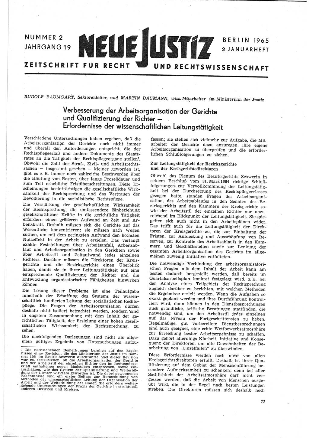 Neue Justiz (NJ), Zeitschrift für Recht und Rechtswissenschaft [Deutsche Demokratische Republik (DDR)], 19. Jahrgang 1965, Seite 33 (NJ DDR 1965, S. 33)