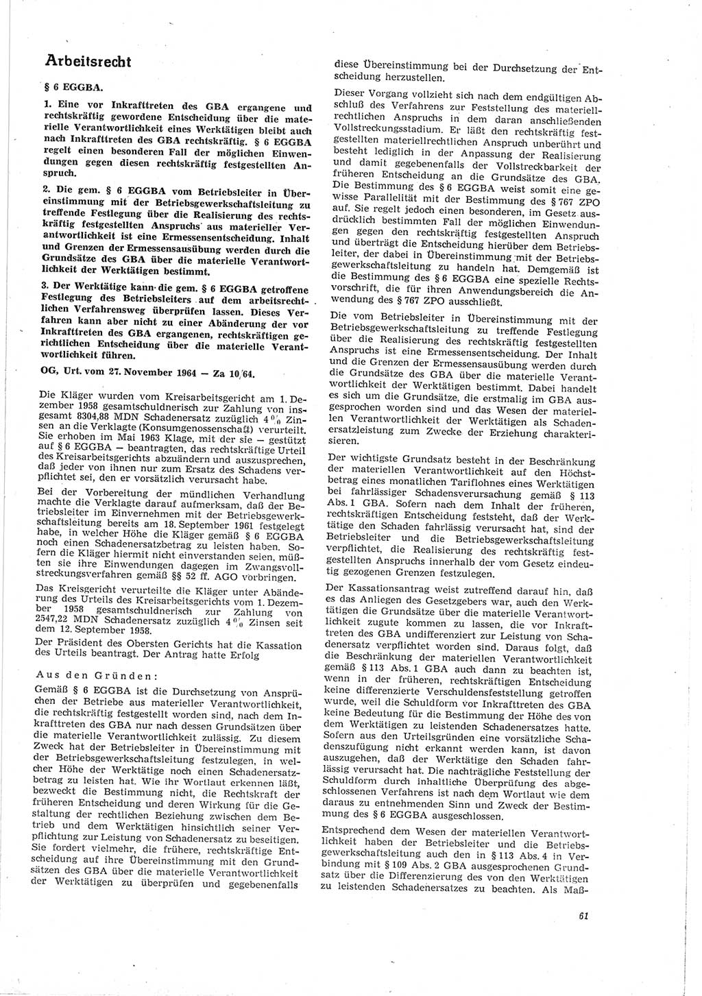 Neue Justiz (NJ), Zeitschrift für Recht und Rechtswissenschaft [Deutsche Demokratische Republik (DDR)], 19. Jahrgang 1965, Seite 61 (NJ DDR 1965, S. 61)