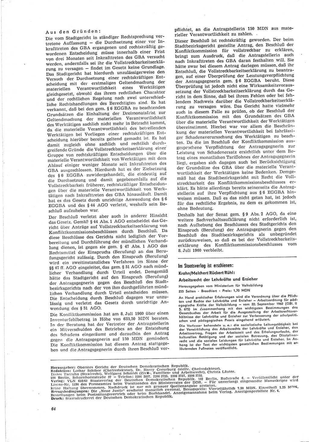 Neue Justiz (NJ), Zeitschrift für Recht und Rechtswissenschaft [Deutsche Demokratische Republik (DDR)], 19. Jahrgang 1965, Seite 64 (NJ DDR 1965, S. 64)