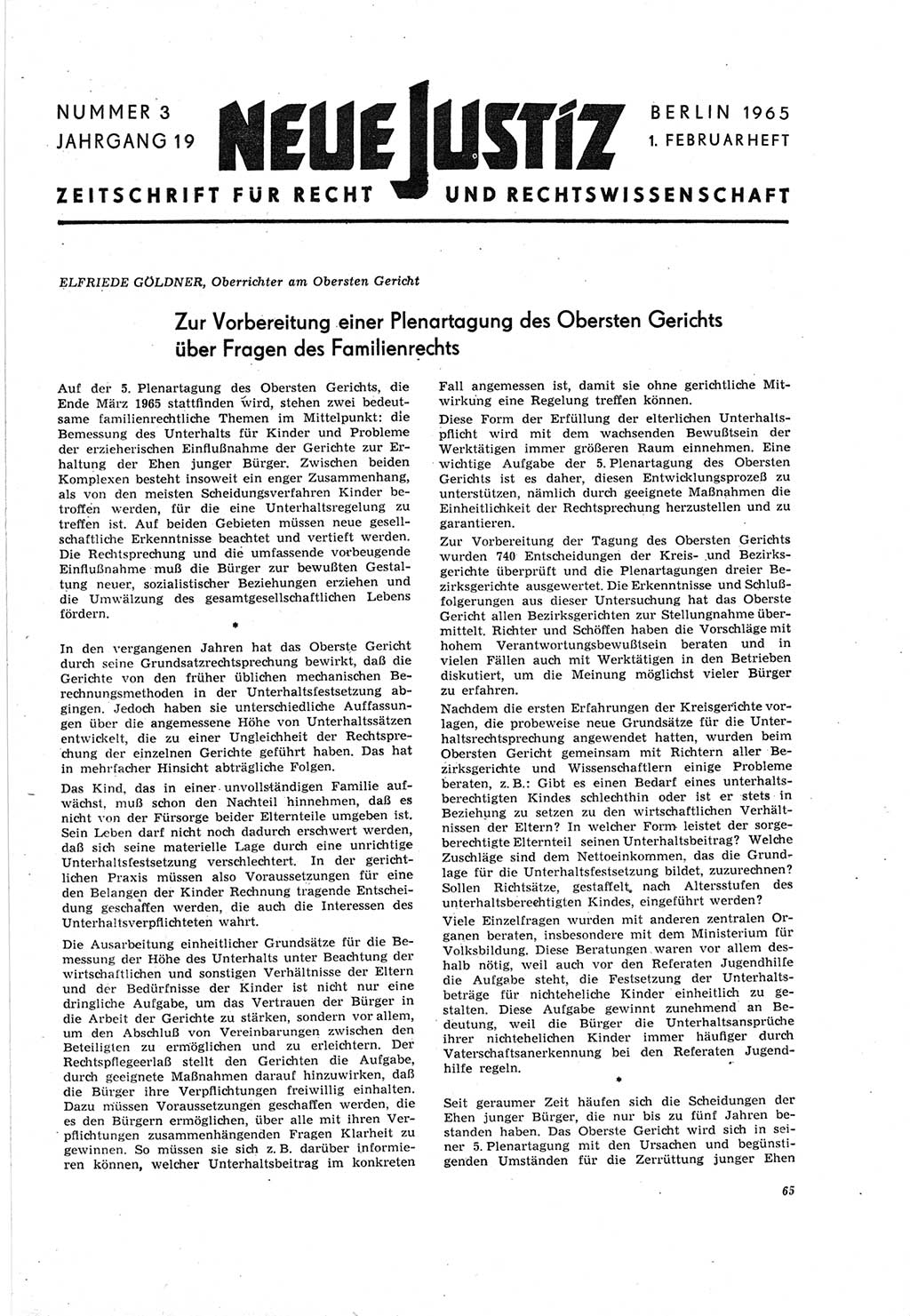 Neue Justiz (NJ), Zeitschrift für Recht und Rechtswissenschaft [Deutsche Demokratische Republik (DDR)], 19. Jahrgang 1965, Seite 65 (NJ DDR 1965, S. 65)
