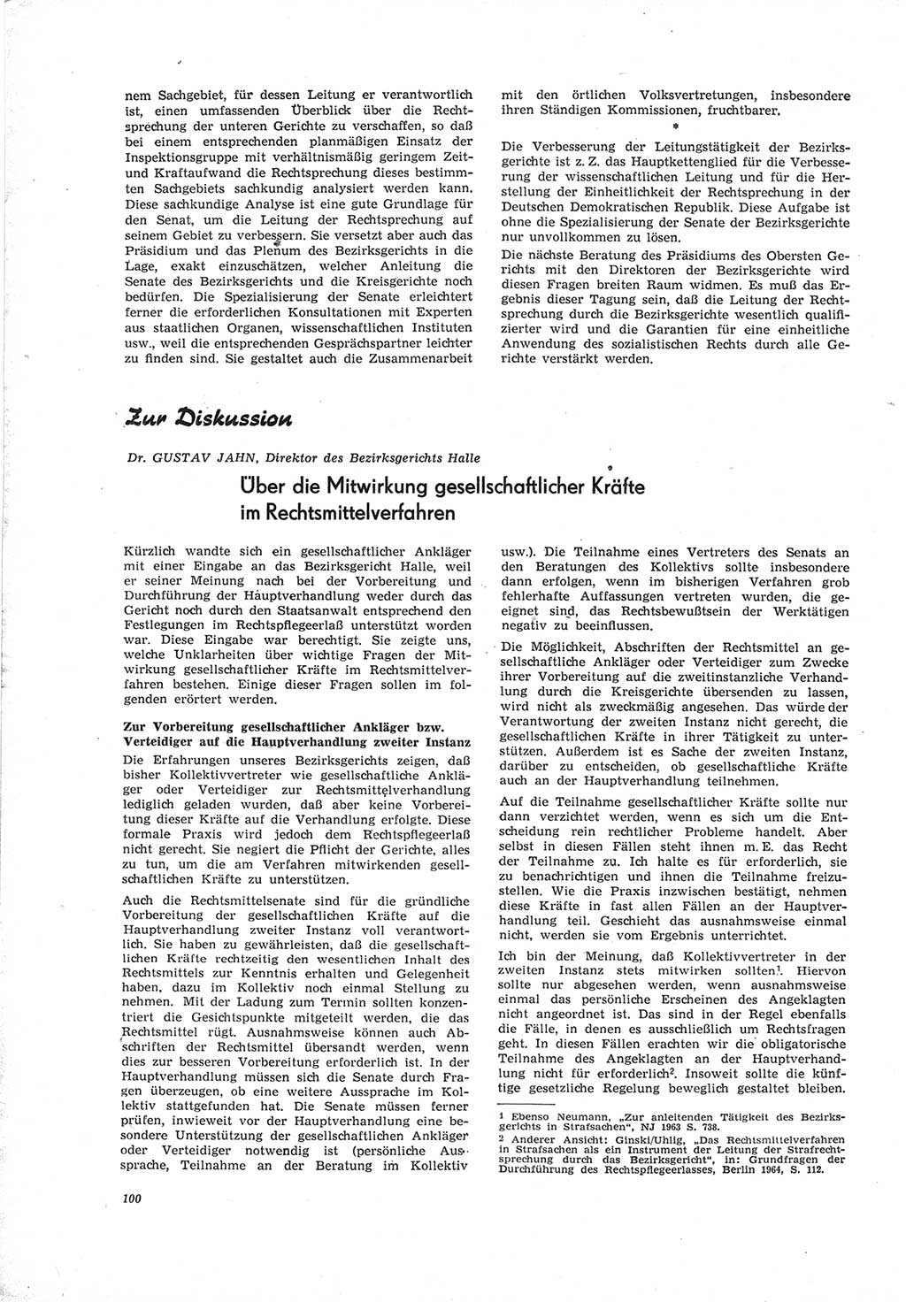 Neue Justiz (NJ), Zeitschrift für Recht und Rechtswissenschaft [Deutsche Demokratische Republik (DDR)], 19. Jahrgang 1965, Seite 100 (NJ DDR 1965, S. 100)