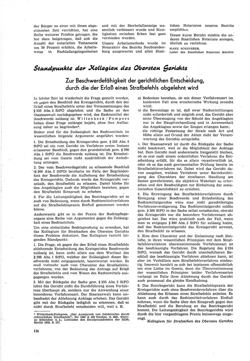 Neue Justiz (NJ), Zeitschrift für Recht und Rechtswissenschaft [Deutsche Demokratische Republik (DDR)], 19. Jahrgang 1965, Seite 118 (NJ DDR 1965, S. 118)