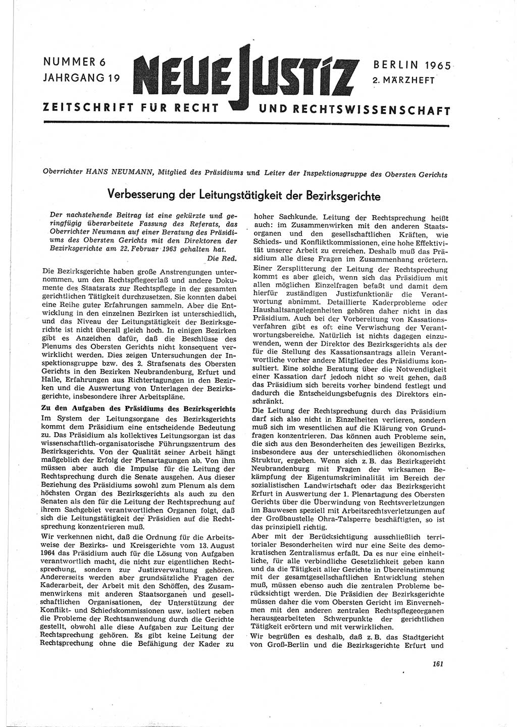 Neue Justiz (NJ), Zeitschrift für Recht und Rechtswissenschaft [Deutsche Demokratische Republik (DDR)], 19. Jahrgang 1965, Seite 161 (NJ DDR 1965, S. 161)