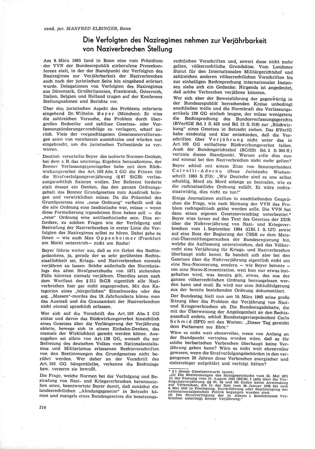 Neue Justiz (NJ), Zeitschrift für Recht und Rechtswissenschaft [Deutsche Demokratische Republik (DDR)], 19. Jahrgang 1965, Seite 214 (NJ DDR 1965, S. 214)