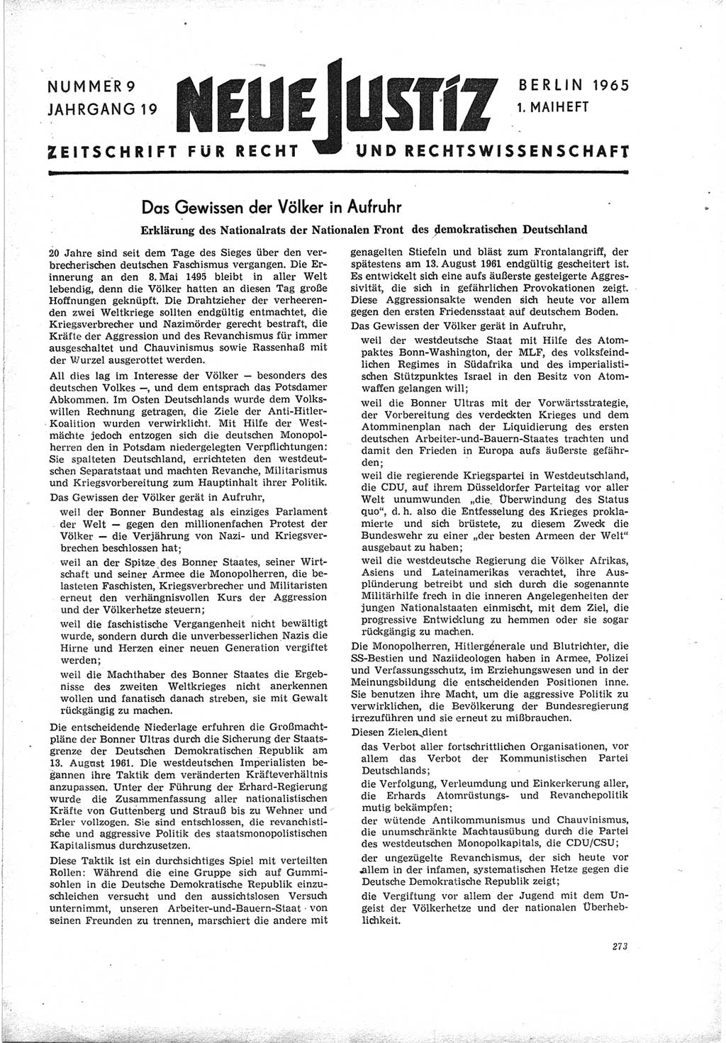 Neue Justiz (NJ), Zeitschrift für Recht und Rechtswissenschaft [Deutsche Demokratische Republik (DDR)], 19. Jahrgang 1965, Seite 273 (NJ DDR 1965, S. 273)