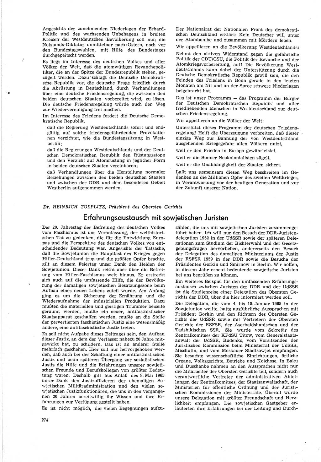 Neue Justiz (NJ), Zeitschrift für Recht und Rechtswissenschaft [Deutsche Demokratische Republik (DDR)], 19. Jahrgang 1965, Seite 274 (NJ DDR 1965, S. 274)