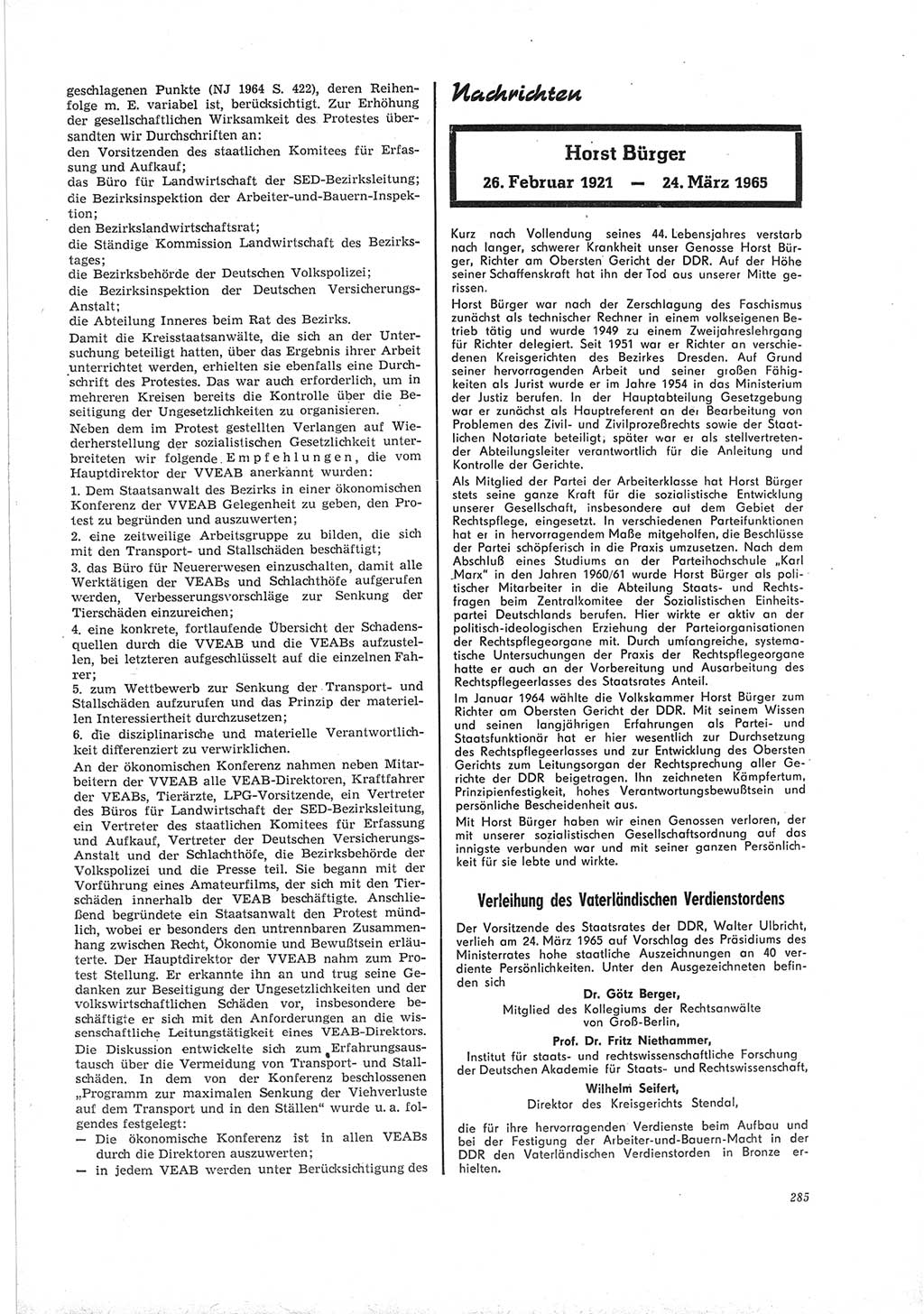 Neue Justiz (NJ), Zeitschrift für Recht und Rechtswissenschaft [Deutsche Demokratische Republik (DDR)], 19. Jahrgang 1965, Seite 285 (NJ DDR 1965, S. 285)