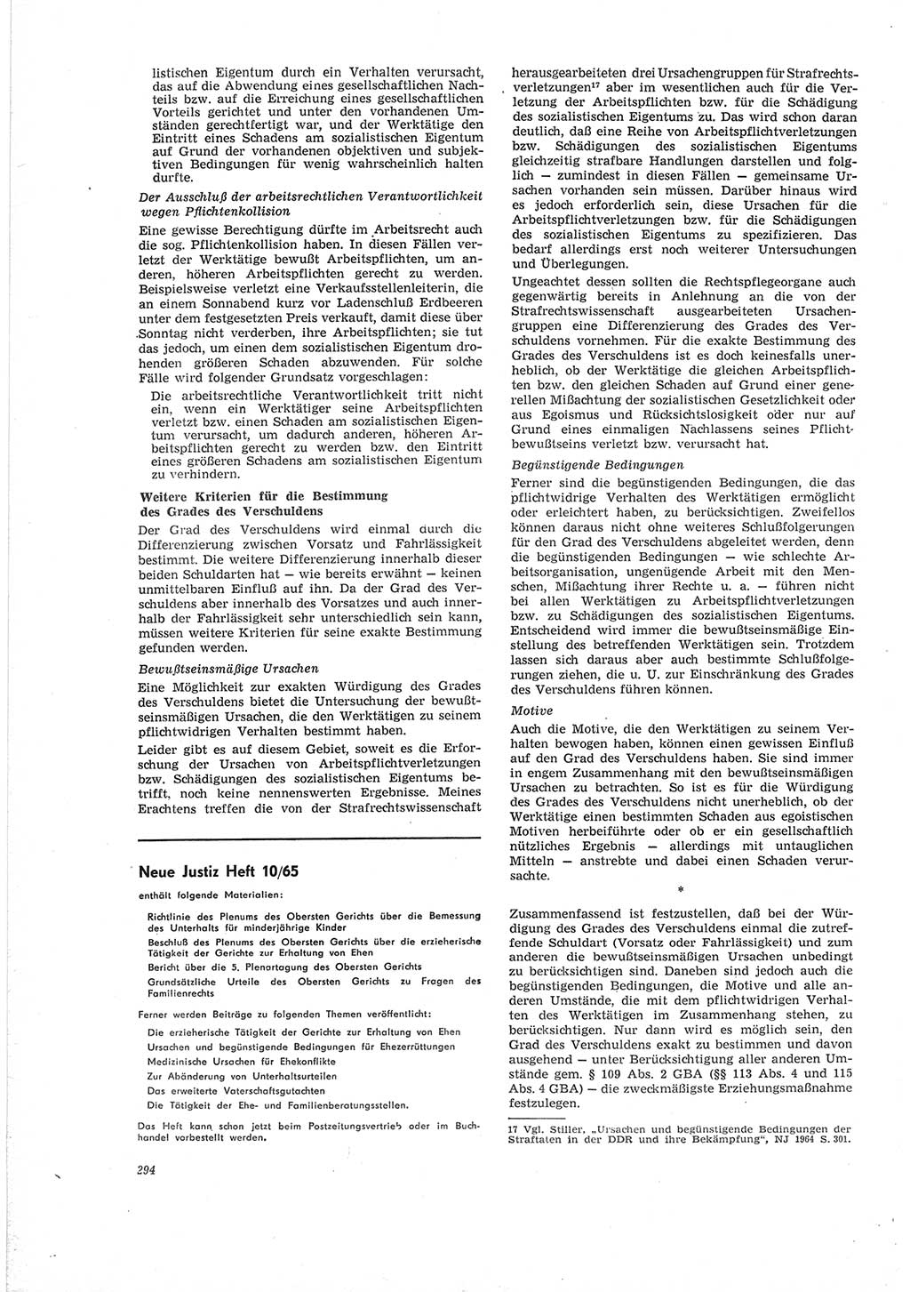 Neue Justiz (NJ), Zeitschrift für Recht und Rechtswissenschaft [Deutsche Demokratische Republik (DDR)], 19. Jahrgang 1965, Seite 294 (NJ DDR 1965, S. 294)