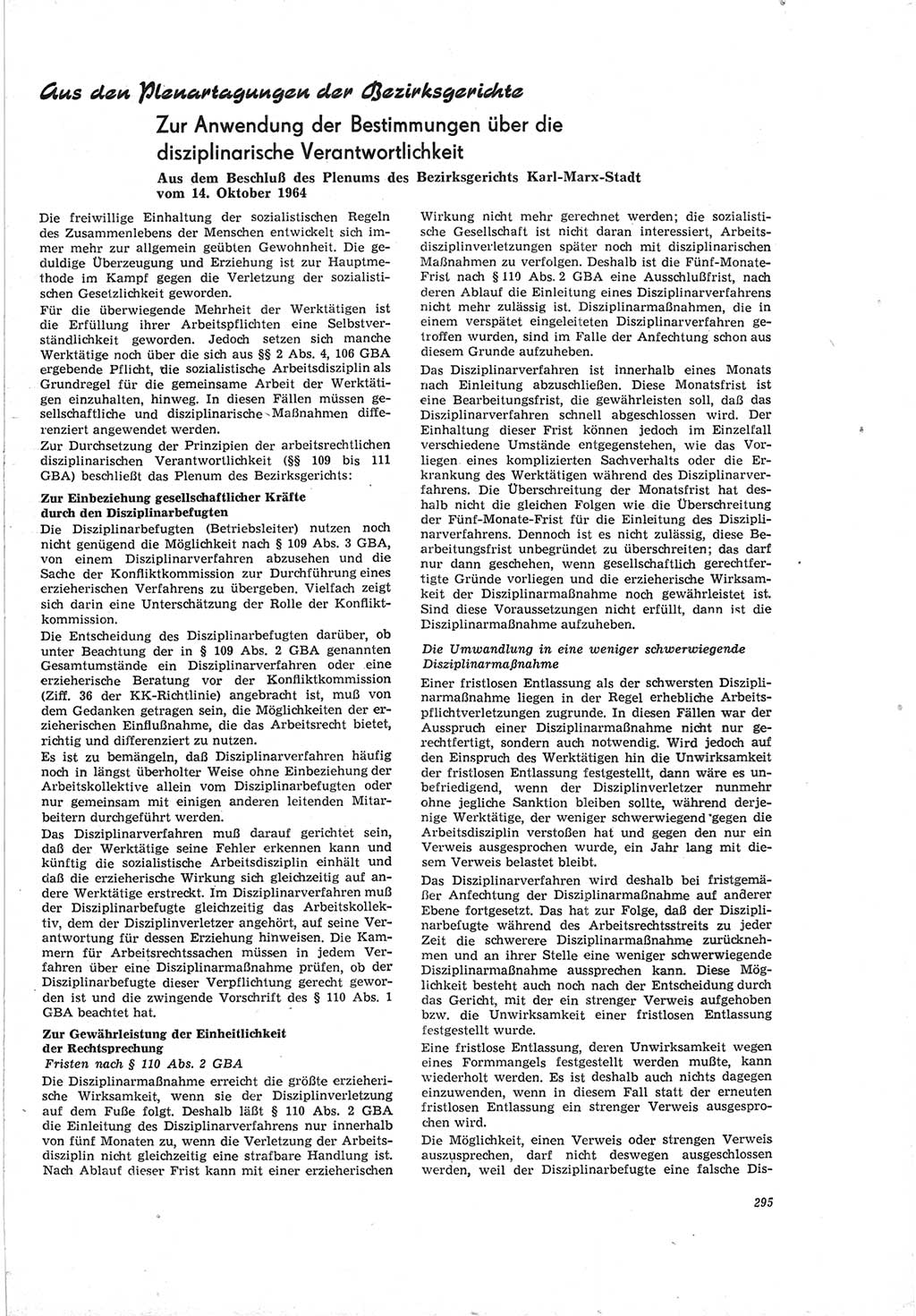 Neue Justiz (NJ), Zeitschrift für Recht und Rechtswissenschaft [Deutsche Demokratische Republik (DDR)], 19. Jahrgang 1965, Seite 295 (NJ DDR 1965, S. 295)