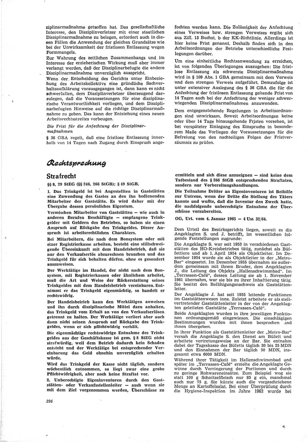 Neue Justiz (NJ), Zeitschrift für Recht und Rechtswissenschaft [Deutsche Demokratische Republik (DDR)], 19. Jahrgang 1965, Seite 296 (NJ DDR 1965, S. 296)