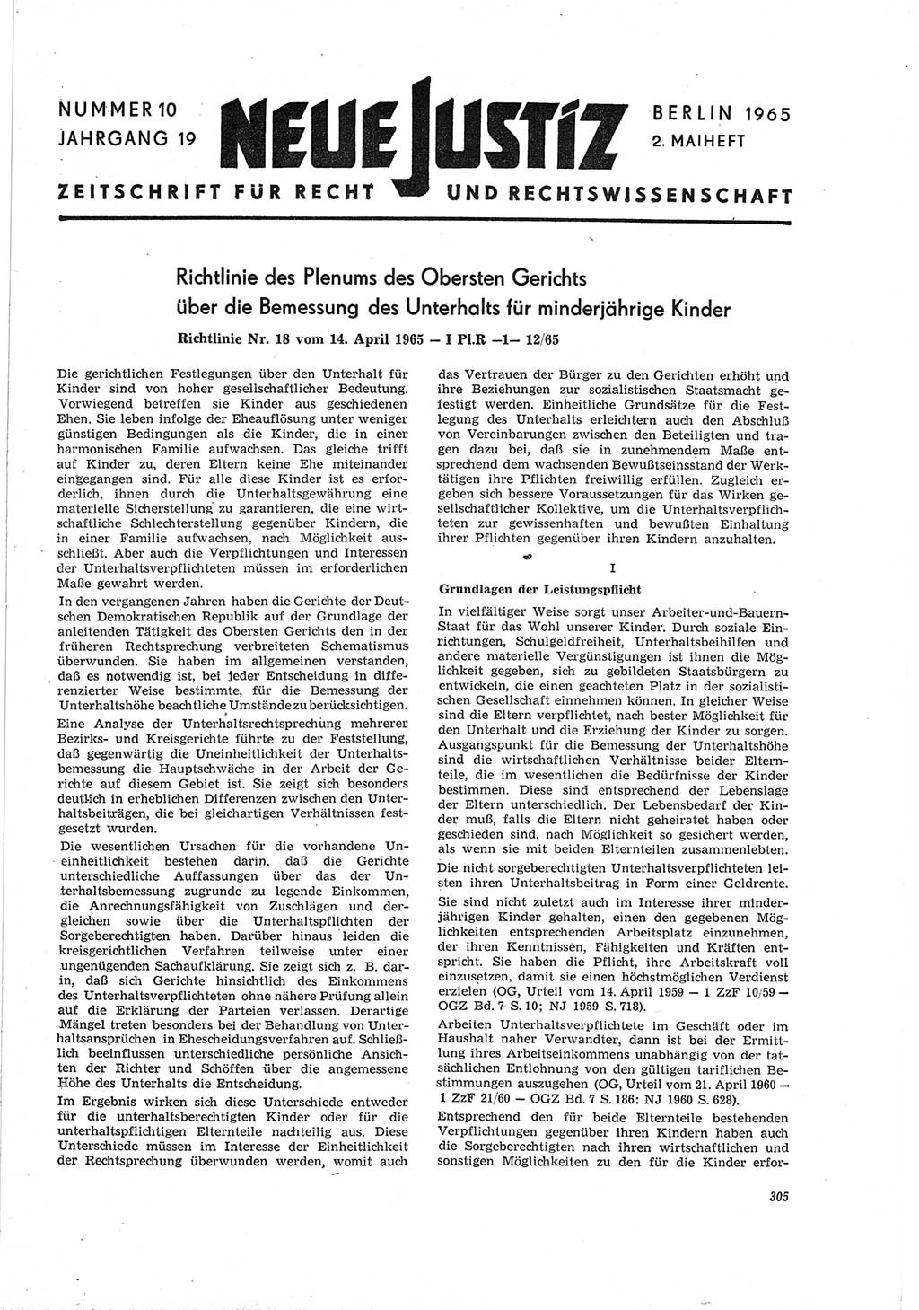 Neue Justiz (NJ), Zeitschrift für Recht und Rechtswissenschaft [Deutsche Demokratische Republik (DDR)], 19. Jahrgang 1965, Seite 305 (NJ DDR 1965, S. 305)