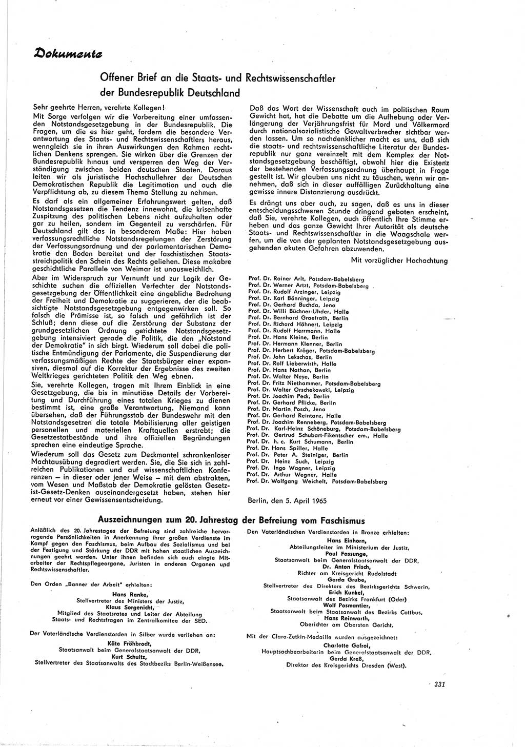 Neue Justiz (NJ), Zeitschrift für Recht und Rechtswissenschaft [Deutsche Demokratische Republik (DDR)], 19. Jahrgang 1965, Seite 331 (NJ DDR 1965, S. 331)