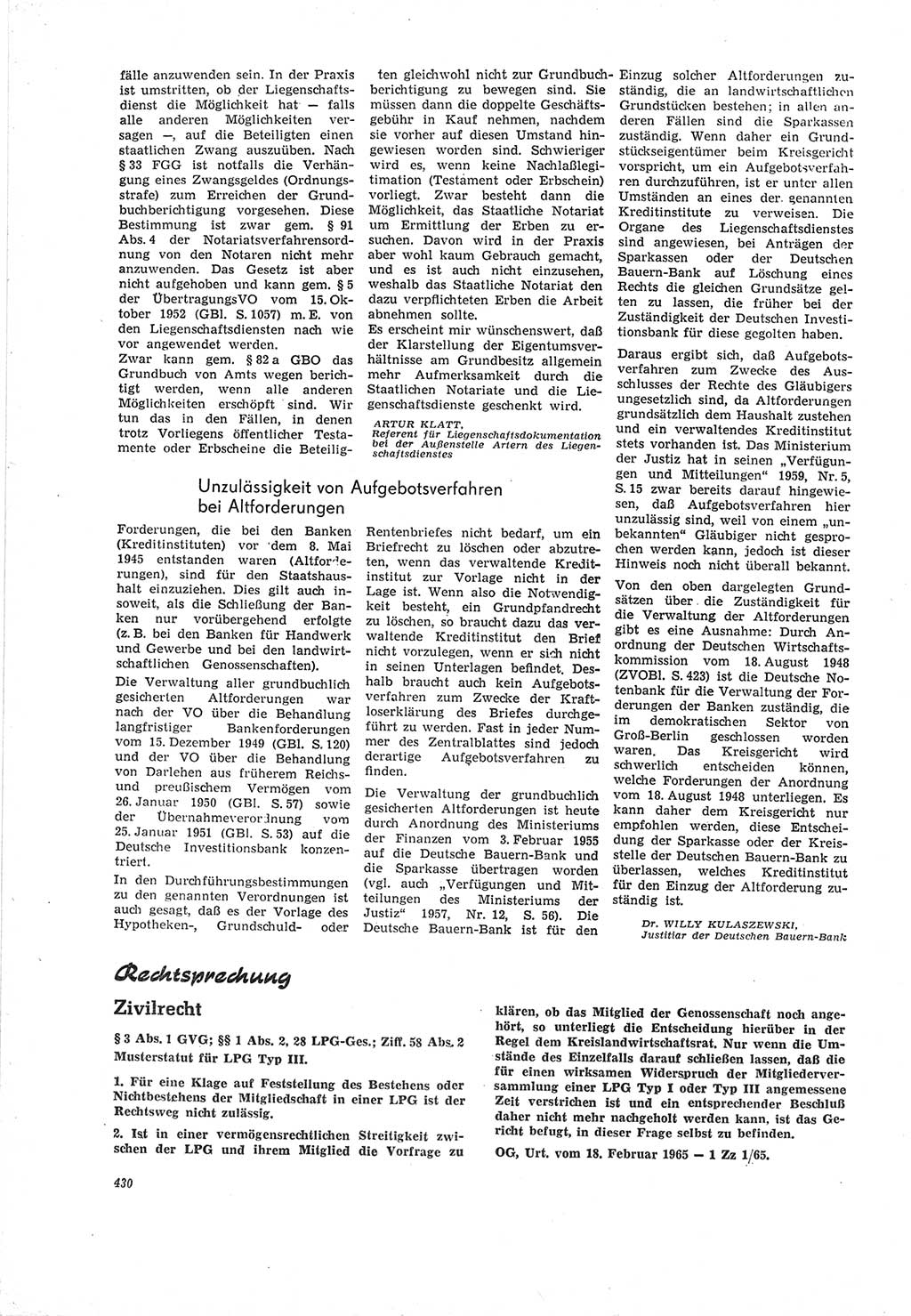 Neue Justiz (NJ), Zeitschrift für Recht und Rechtswissenschaft [Deutsche Demokratische Republik (DDR)], 19. Jahrgang 1965, Seite 430 (NJ DDR 1965, S. 430)
