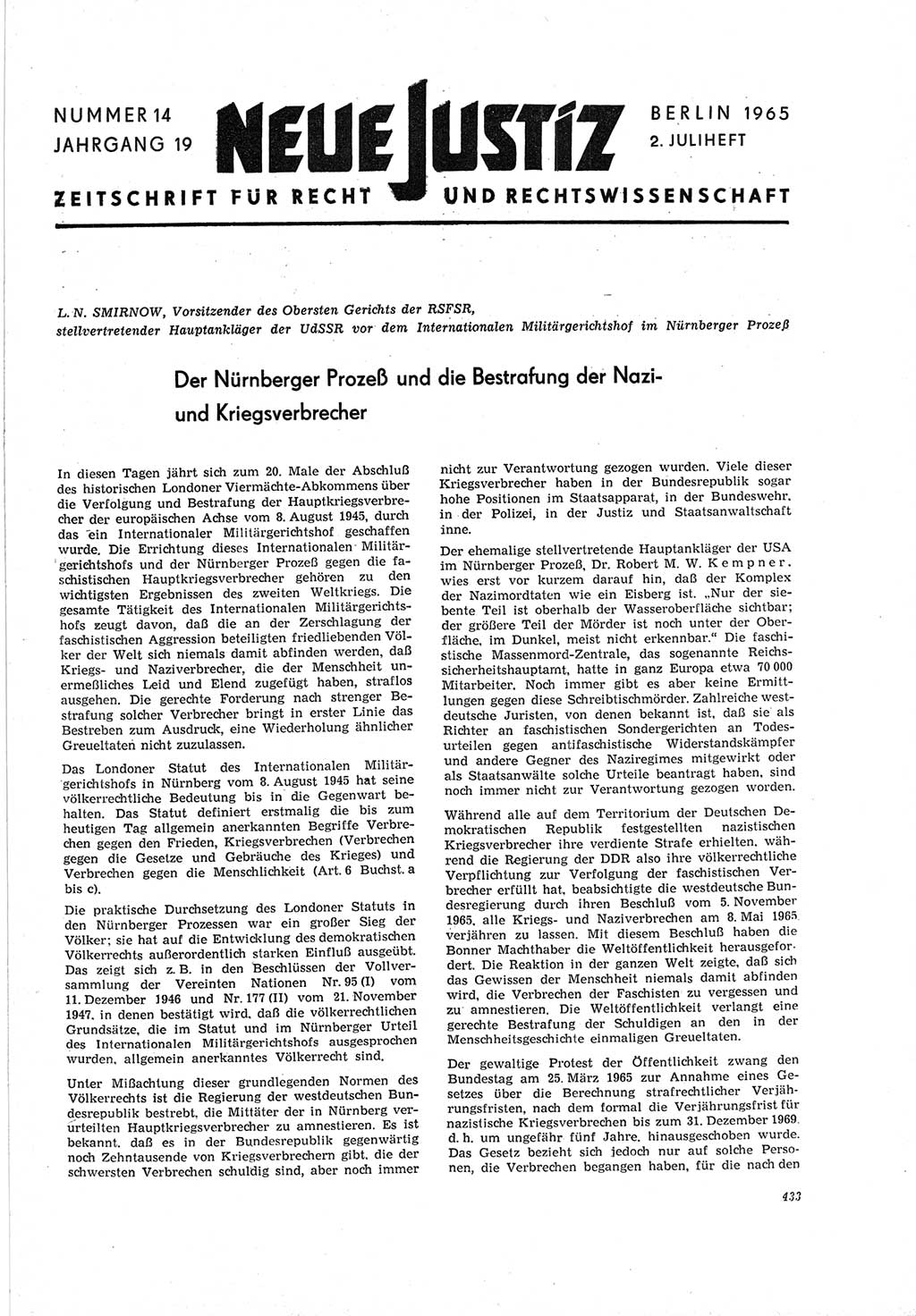 Neue Justiz (NJ), Zeitschrift für Recht und Rechtswissenschaft [Deutsche Demokratische Republik (DDR)], 19. Jahrgang 1965, Seite 433 (NJ DDR 1965, S. 433)