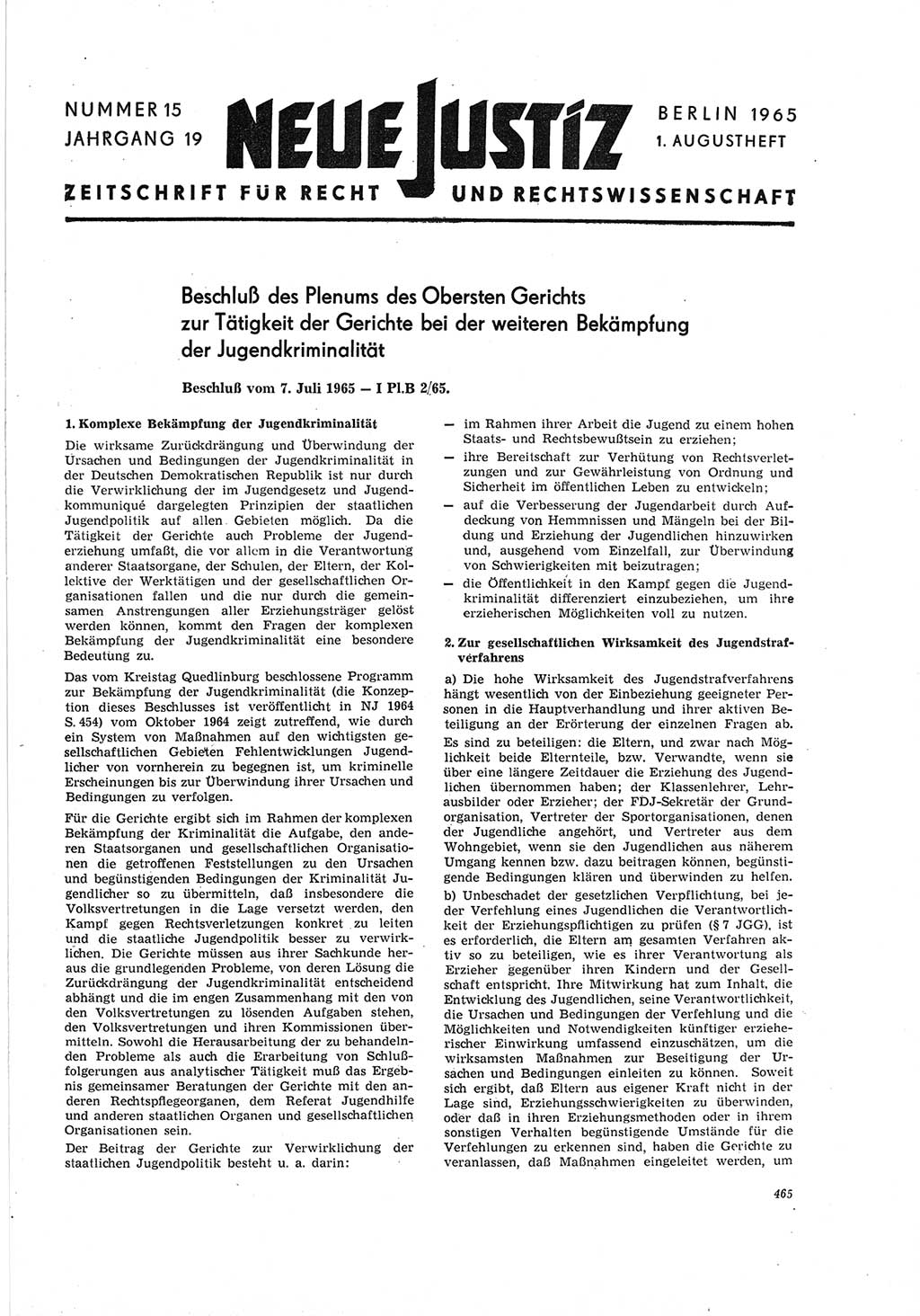 Neue Justiz (NJ), Zeitschrift für Recht und Rechtswissenschaft [Deutsche Demokratische Republik (DDR)], 19. Jahrgang 1965, Seite 465 (NJ DDR 1965, S. 465)