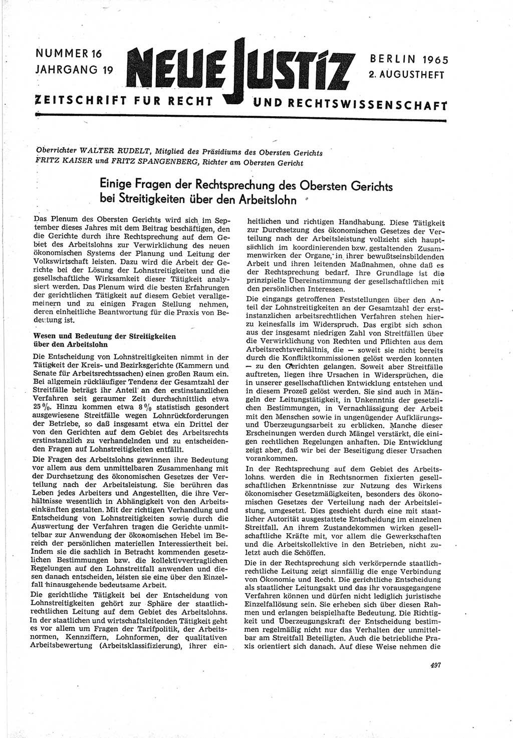 Neue Justiz (NJ), Zeitschrift für Recht und Rechtswissenschaft [Deutsche Demokratische Republik (DDR)], 19. Jahrgang 1965, Seite 497 (NJ DDR 1965, S. 497)