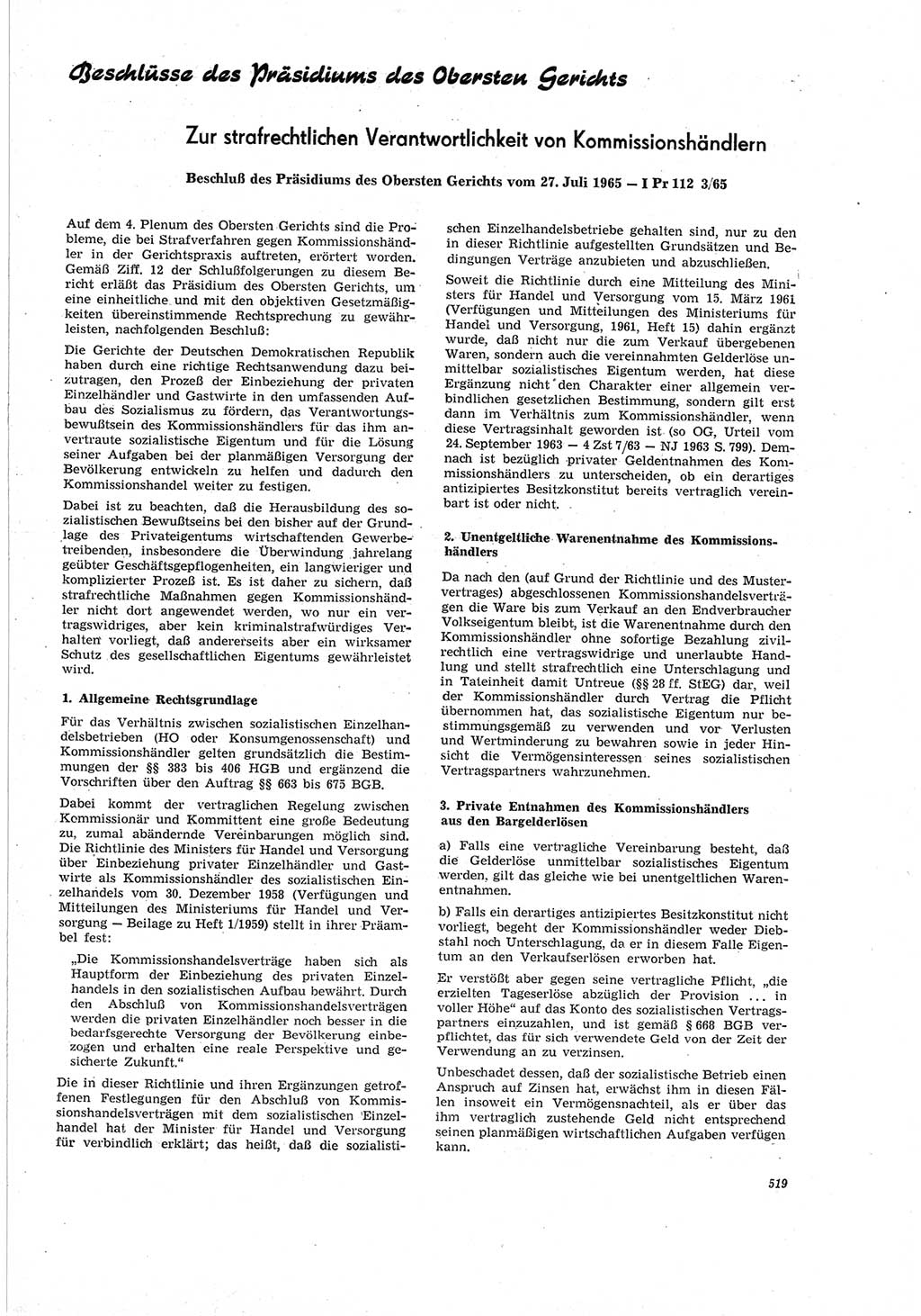 Neue Justiz (NJ), Zeitschrift für Recht und Rechtswissenschaft [Deutsche Demokratische Republik (DDR)], 19. Jahrgang 1965, Seite 519 (NJ DDR 1965, S. 519)