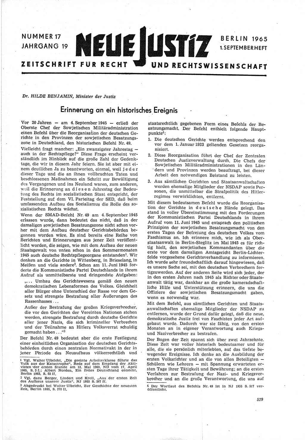 Neue Justiz (NJ), Zeitschrift für Recht und Rechtswissenschaft [Deutsche Demokratische Republik (DDR)], 19. Jahrgang 1965, Seite 529 (NJ DDR 1965, S. 529)