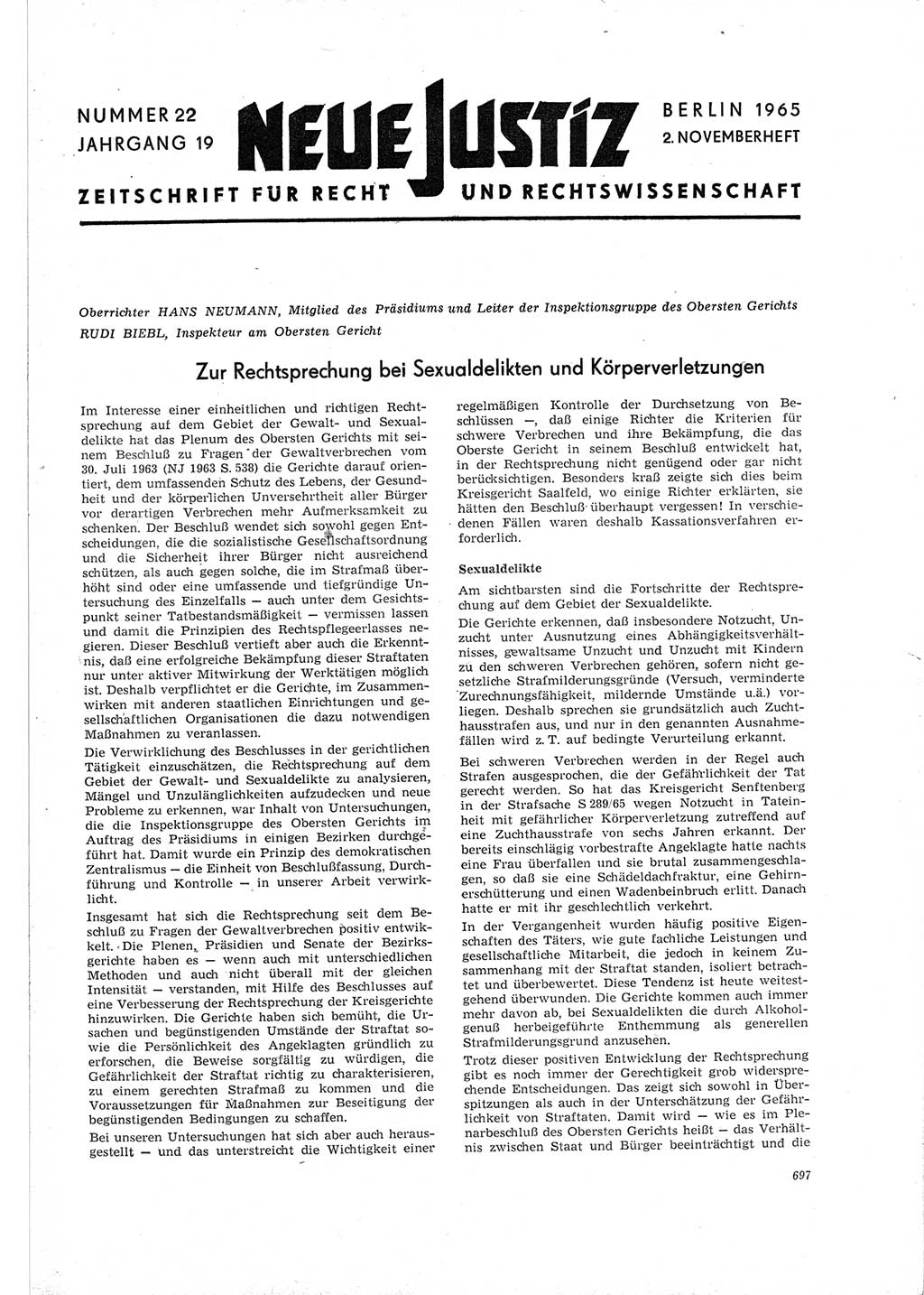 Neue Justiz (NJ), Zeitschrift für Recht und Rechtswissenschaft [Deutsche Demokratische Republik (DDR)], 19. Jahrgang 1965, Seite 697 (NJ DDR 1965, S. 697)