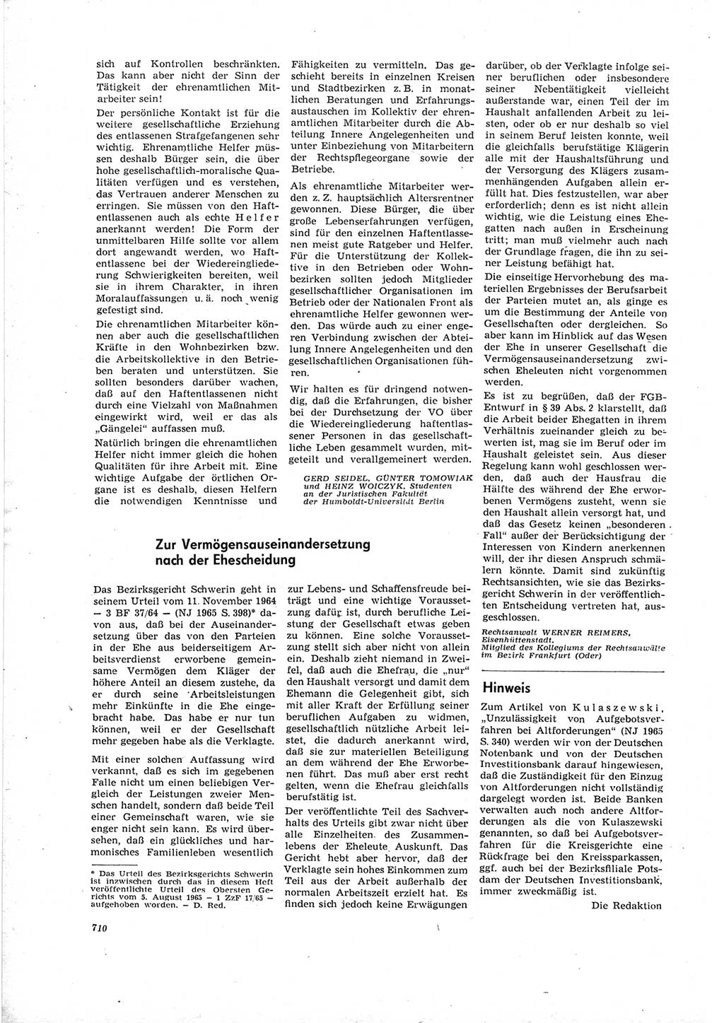 Neue Justiz (NJ), Zeitschrift für Recht und Rechtswissenschaft [Deutsche Demokratische Republik (DDR)], 19. Jahrgang 1965, Seite 710 (NJ DDR 1965, S. 710)