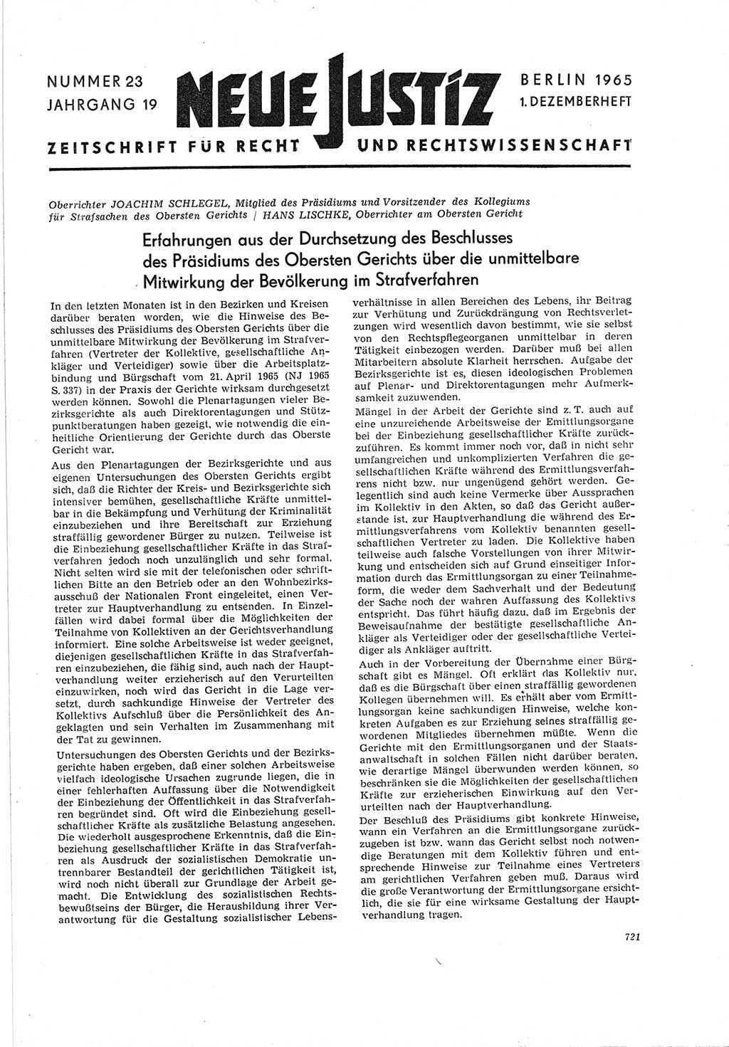 Neue Justiz (NJ), Zeitschrift für Recht und Rechtswissenschaft [Deutsche Demokratische Republik (DDR)], 19. Jahrgang 1965, Seite 721 (NJ DDR 1965, S. 721)