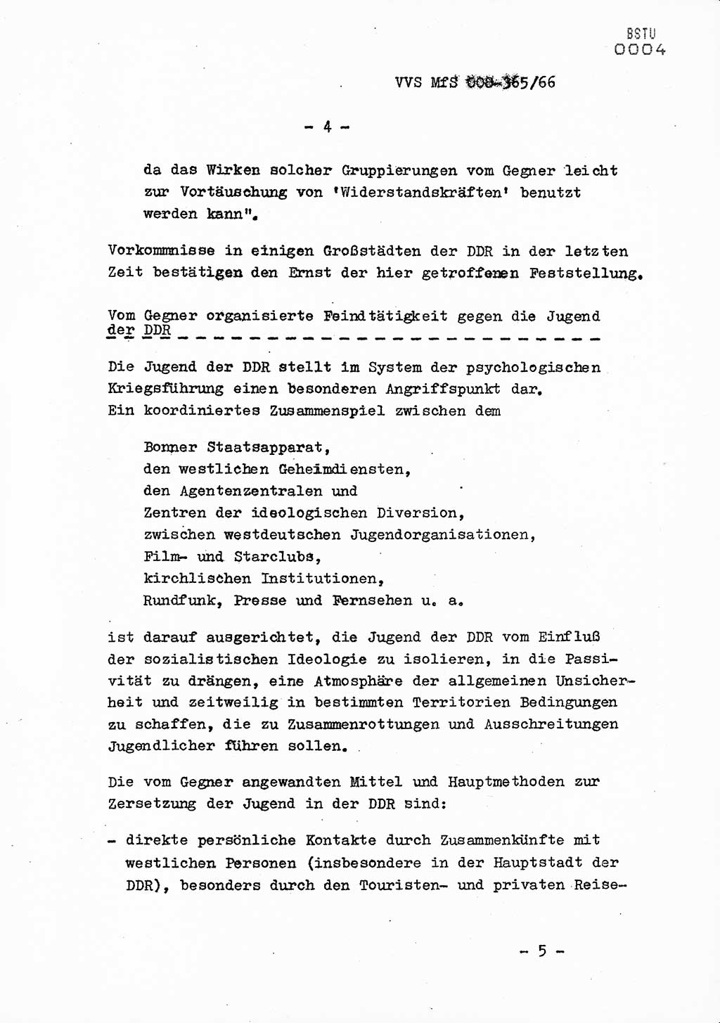 Dienstanweisung Nr. 4/66 zur politisch-operativen Bekämpfung der politisch-ideologischen Diversion und Untergrundtätigkeit unter jugendlichen Personenkreisen in der DDR, Deutsche Demokratische Republik (DDR), Ministerium für Staatssicherheit (MfS), Der Minister (Generaloberst Erich Mielke), Vertrauliche Verschlußsache (VVS) 365/66, Berlin 1966, Blatt 4 (DA 4/66 DDR MfS Min. VVS 365/66 1966, Bl. 4)