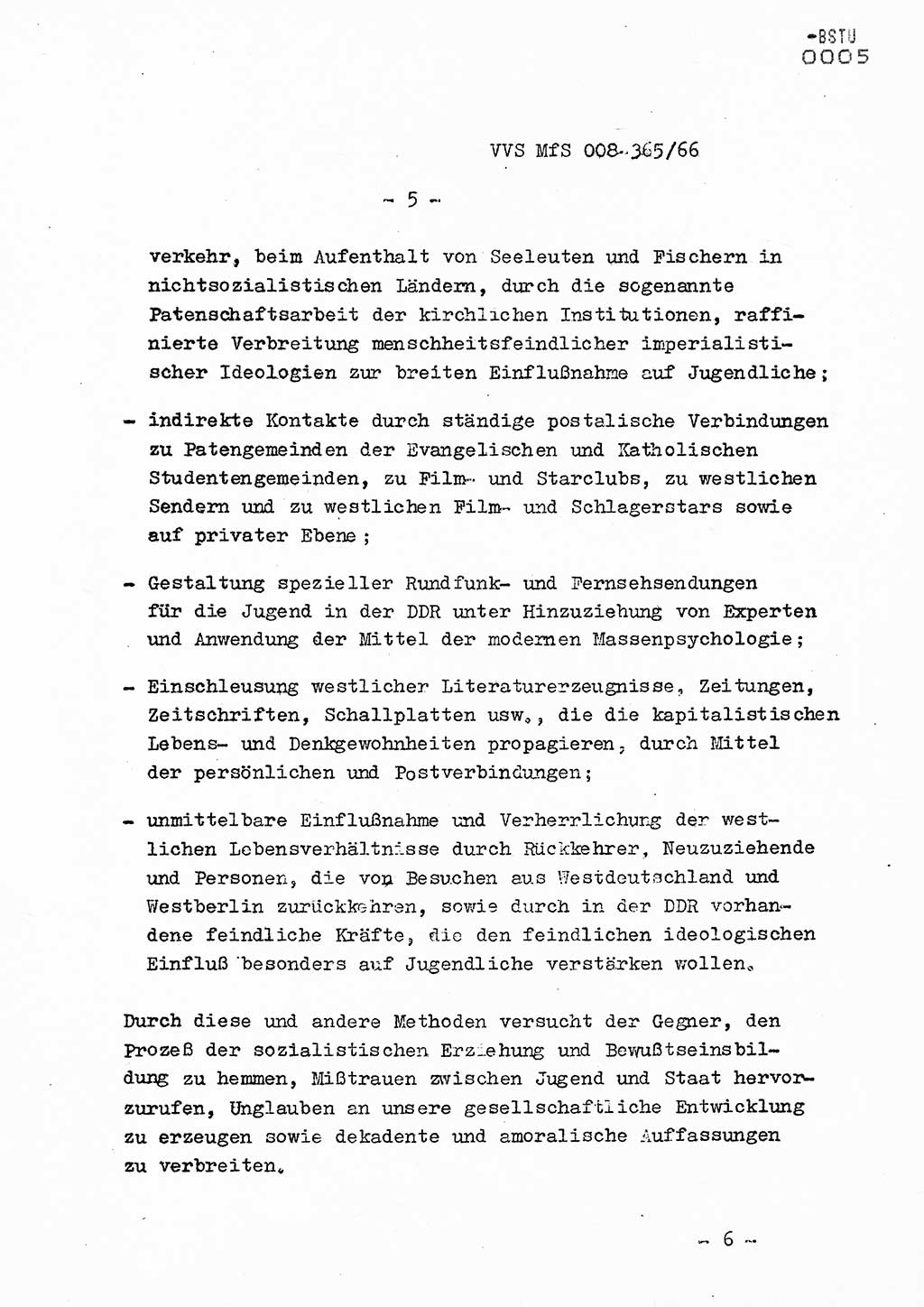 Dienstanweisung Nr. 4/66 zur politisch-operativen Bekämpfung der politisch-ideologischen Diversion und Untergrundtätigkeit unter jugendlichen Personenkreisen in der DDR, Deutsche Demokratische Republik (DDR), Ministerium für Staatssicherheit (MfS), Der Minister (Generaloberst Erich Mielke), Vertrauliche Verschlußsache (VVS) 365/66, Berlin 1966, Blatt 5 (DA 4/66 DDR MfS Min. VVS 365/66 1966, Bl. 5)