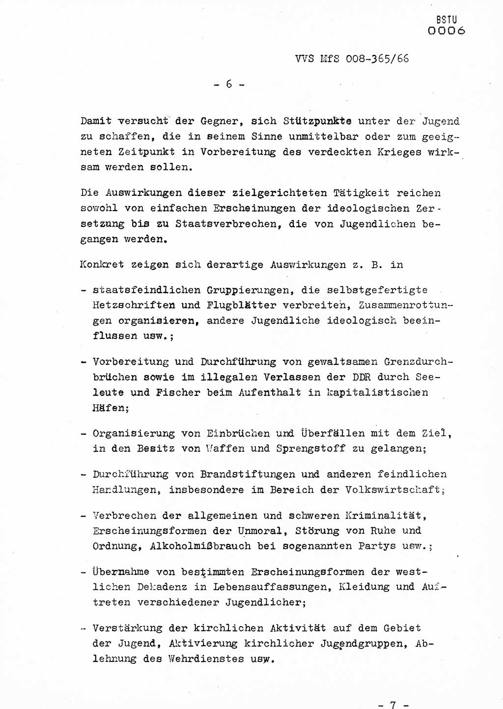 Dienstanweisung Nr. 4/66 zur politisch-operativen Bekämpfung der politisch-ideologischen Diversion und Untergrundtätigkeit unter jugendlichen Personenkreisen in der DDR, Deutsche Demokratische Republik (DDR), Ministerium für Staatssicherheit (MfS), Der Minister (Generaloberst Erich Mielke), Vertrauliche Verschlußsache (VVS) 365/66, Berlin 1966, Blatt 6 (DA 4/66 DDR MfS Min. VVS 365/66 1966, Bl. 6)