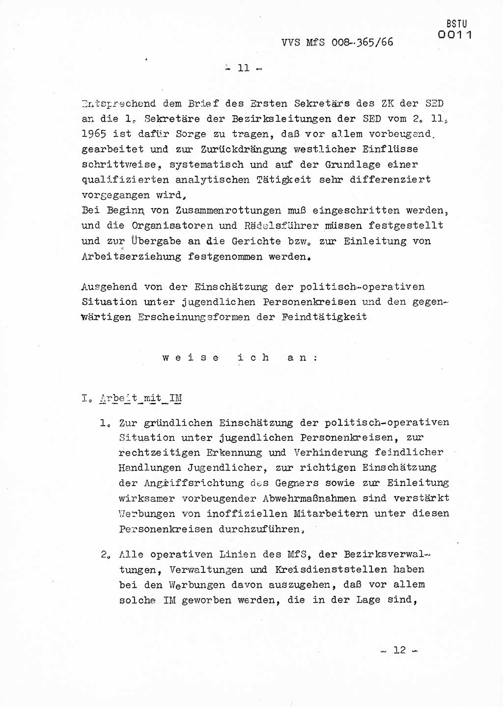 Dienstanweisung Nr. 4/66 zur politisch-operativen Bekämpfung der politisch-ideologischen Diversion und Untergrundtätigkeit unter jugendlichen Personenkreisen in der DDR, Deutsche Demokratische Republik (DDR), Ministerium für Staatssicherheit (MfS), Der Minister (Generaloberst Erich Mielke), Vertrauliche Verschlußsache (VVS) 365/66, Berlin 1966, Blatt 11 (DA 4/66 DDR MfS Min. VVS 365/66 1966, Bl. 11)