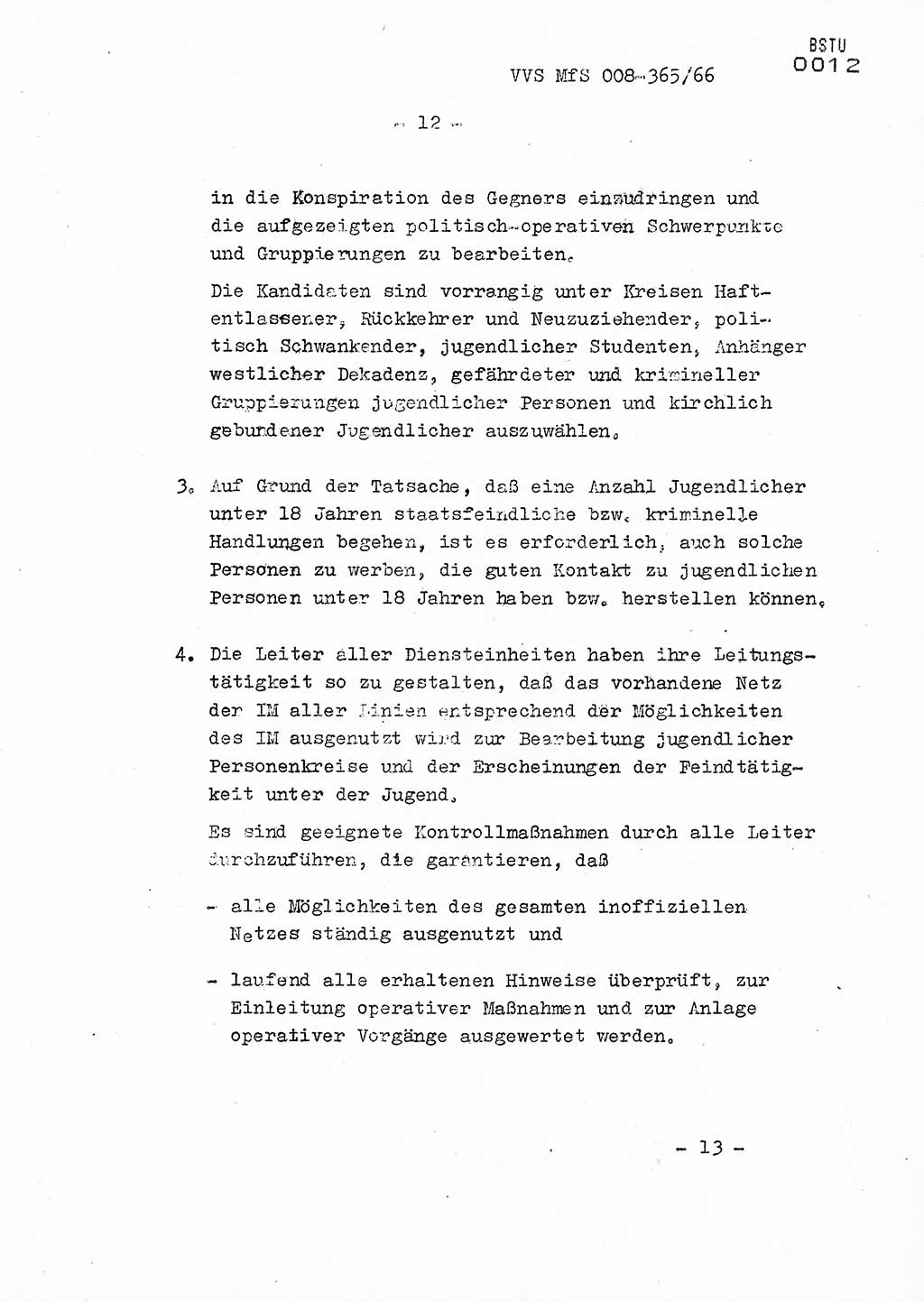 Dienstanweisung Nr. 4/66 zur politisch-operativen Bekämpfung der politisch-ideologischen Diversion und Untergrundtätigkeit unter jugendlichen Personenkreisen in der DDR, Deutsche Demokratische Republik (DDR), Ministerium für Staatssicherheit (MfS), Der Minister (Generaloberst Erich Mielke), Vertrauliche Verschlußsache (VVS) 365/66, Berlin 1966, Blatt 12 (DA 4/66 DDR MfS Min. VVS 365/66 1966, Bl. 12)