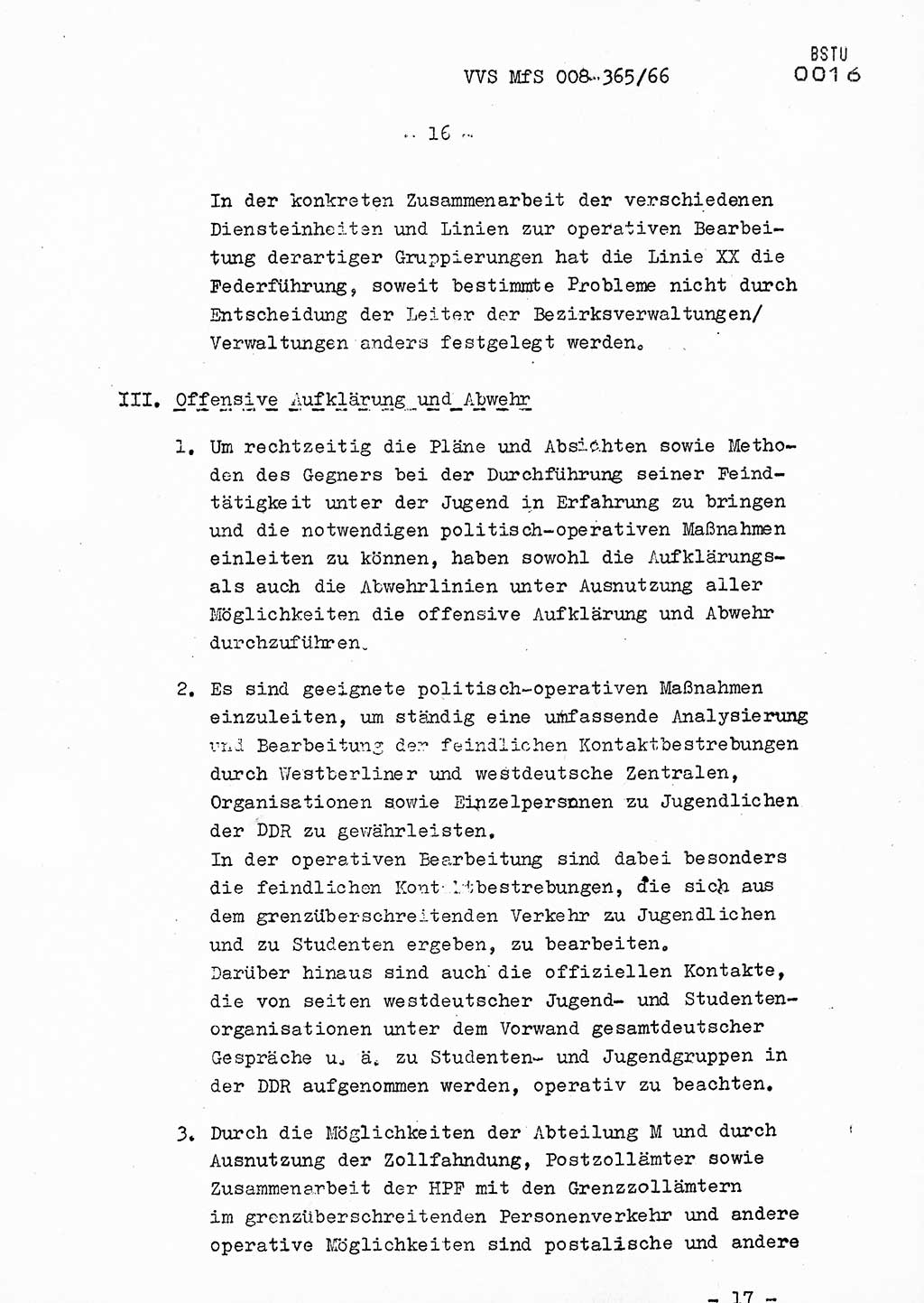 Dienstanweisung Nr. 4/66 zur politisch-operativen Bekämpfung der politisch-ideologischen Diversion und Untergrundtätigkeit unter jugendlichen Personenkreisen in der DDR, Deutsche Demokratische Republik (DDR), Ministerium für Staatssicherheit (MfS), Der Minister (Generaloberst Erich Mielke), Vertrauliche Verschlußsache (VVS) 365/66, Berlin 1966, Blatt 16 (DA 4/66 DDR MfS Min. VVS 365/66 1966, Bl. 16)