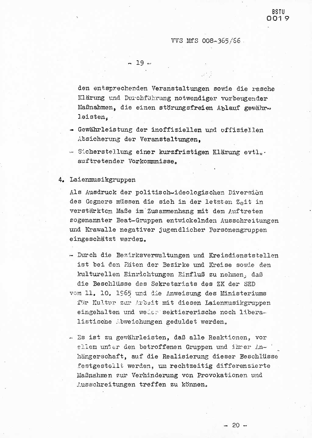 Dienstanweisung Nr. 4/66 zur politisch-operativen Bekämpfung der politisch-ideologischen Diversion und Untergrundtätigkeit unter jugendlichen Personenkreisen in der DDR, Deutsche Demokratische Republik (DDR), Ministerium für Staatssicherheit (MfS), Der Minister (Generaloberst Erich Mielke), Vertrauliche Verschlußsache (VVS) 365/66, Berlin 1966, Blatt 19 (DA 4/66 DDR MfS Min. VVS 365/66 1966, Bl. 19)