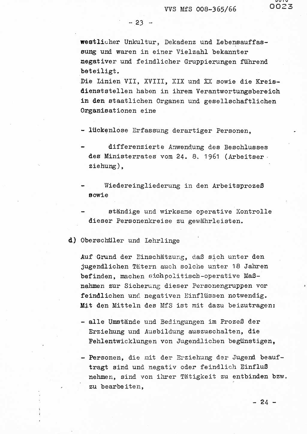 Dienstanweisung Nr. 4/66 zur politisch-operativen Bekämpfung der politisch-ideologischen Diversion und Untergrundtätigkeit unter jugendlichen Personenkreisen in der DDR, Deutsche Demokratische Republik (DDR), Ministerium für Staatssicherheit (MfS), Der Minister (Generaloberst Erich Mielke), Vertrauliche Verschlußsache (VVS) 365/66, Berlin 1966, Blatt 23 (DA 4/66 DDR MfS Min. VVS 365/66 1966, Bl. 23)